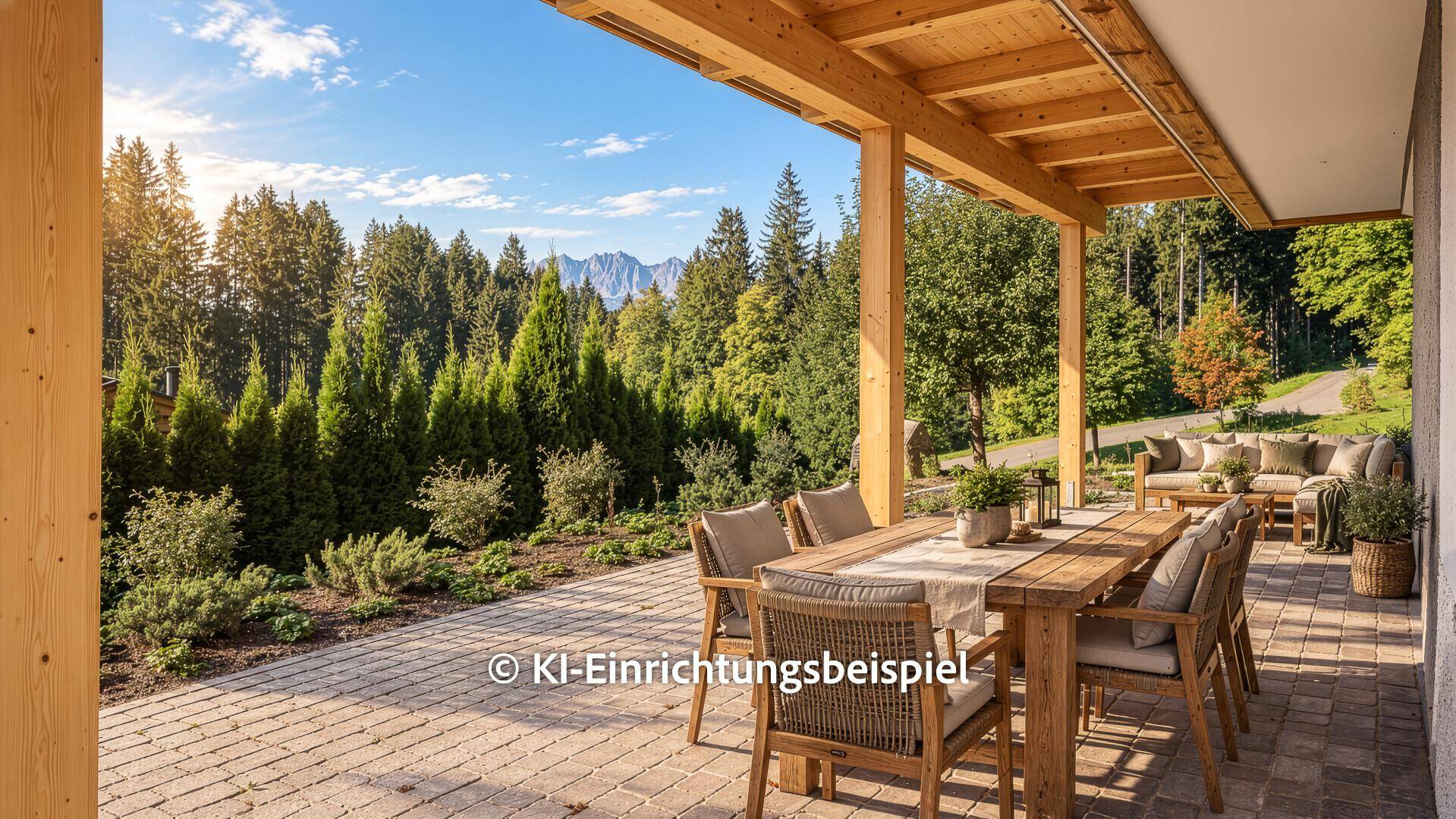 Überdachte Terrasse mit Ess- und Loungebereich, umgeben von Bäumen und Bergblick unter strahlendem Sonnenschein.