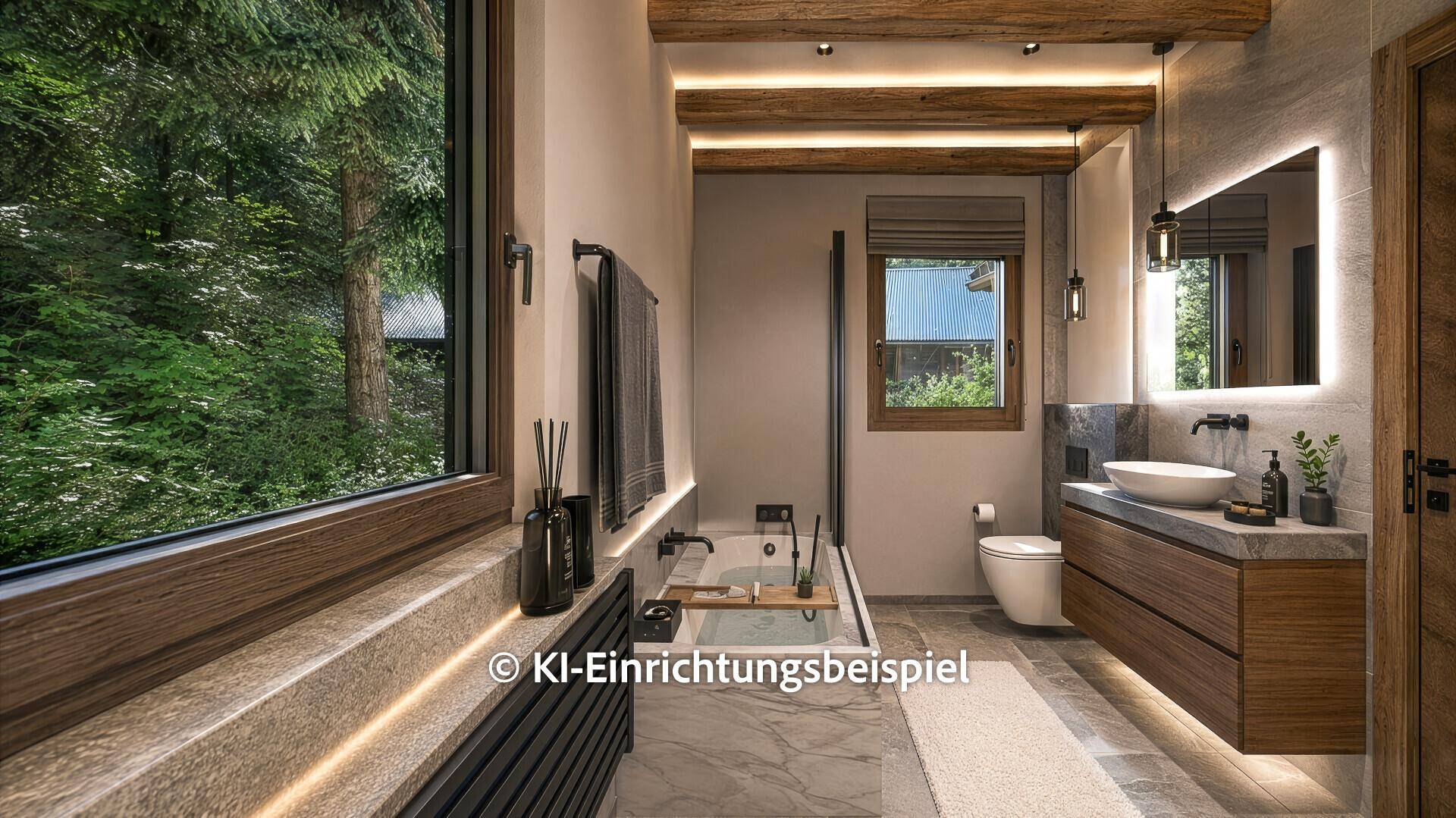 Modernes Badezimmer mit Marmorfliesen, elegantem Waschtisch und großem Fenster zur Natur.