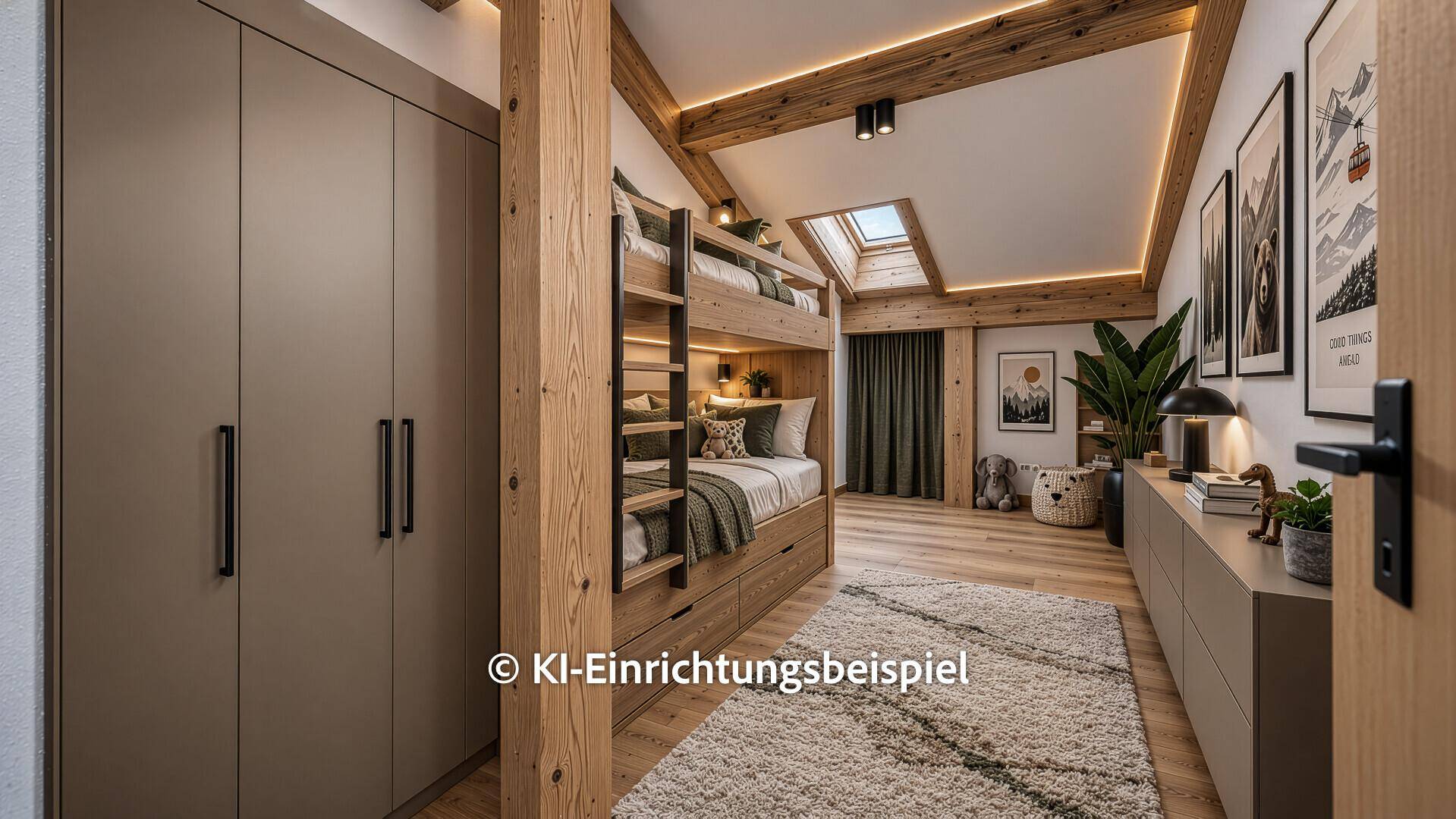 Gemütliches Kinderzimmer mit Etagenbett, Einbauschränken und Holzbalken im Dachgeschoss.