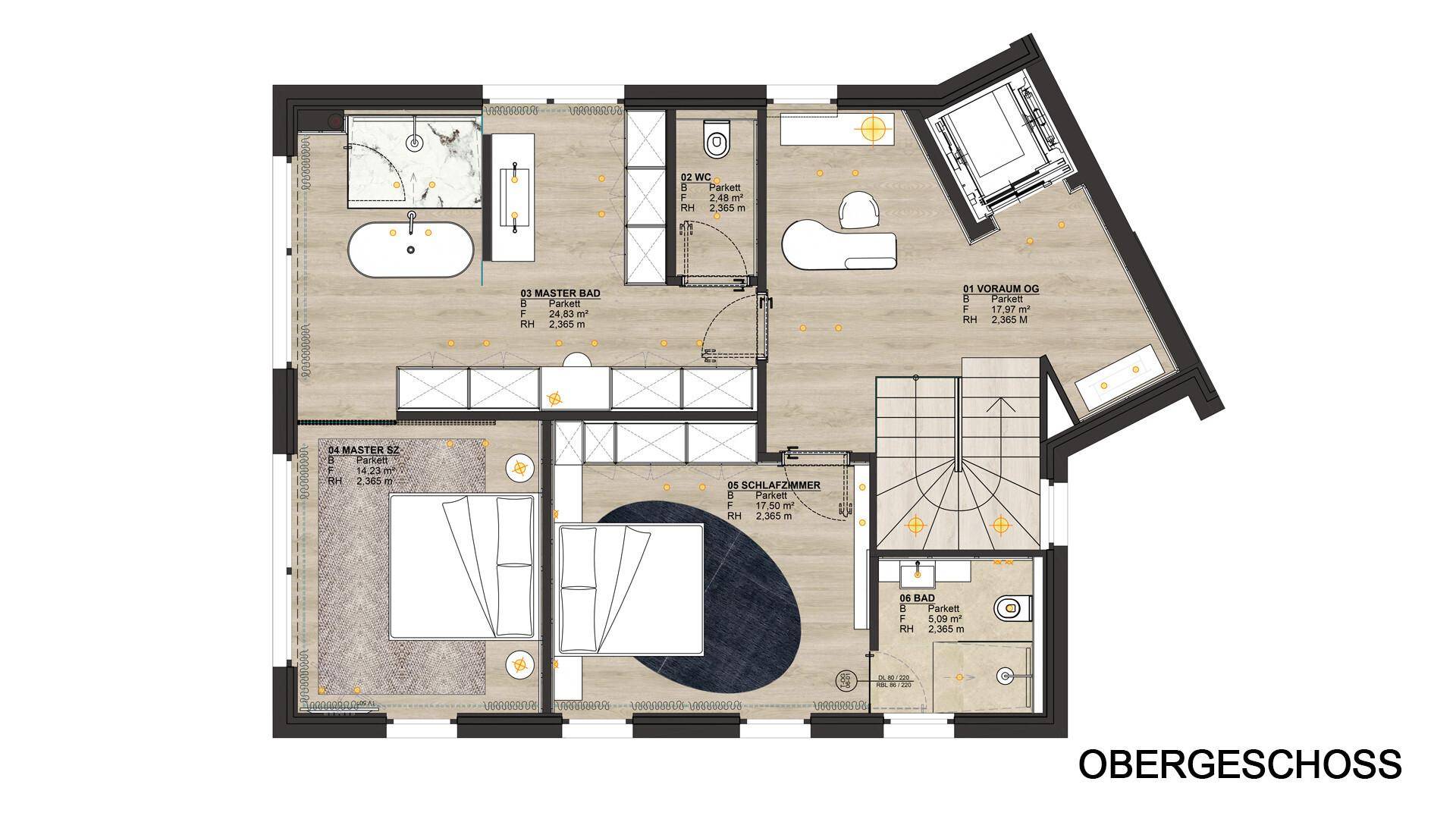 Grundriss des Obergeschosses mit Master-Schlafzimmer, Bad und weiterem Schlafzimmer.