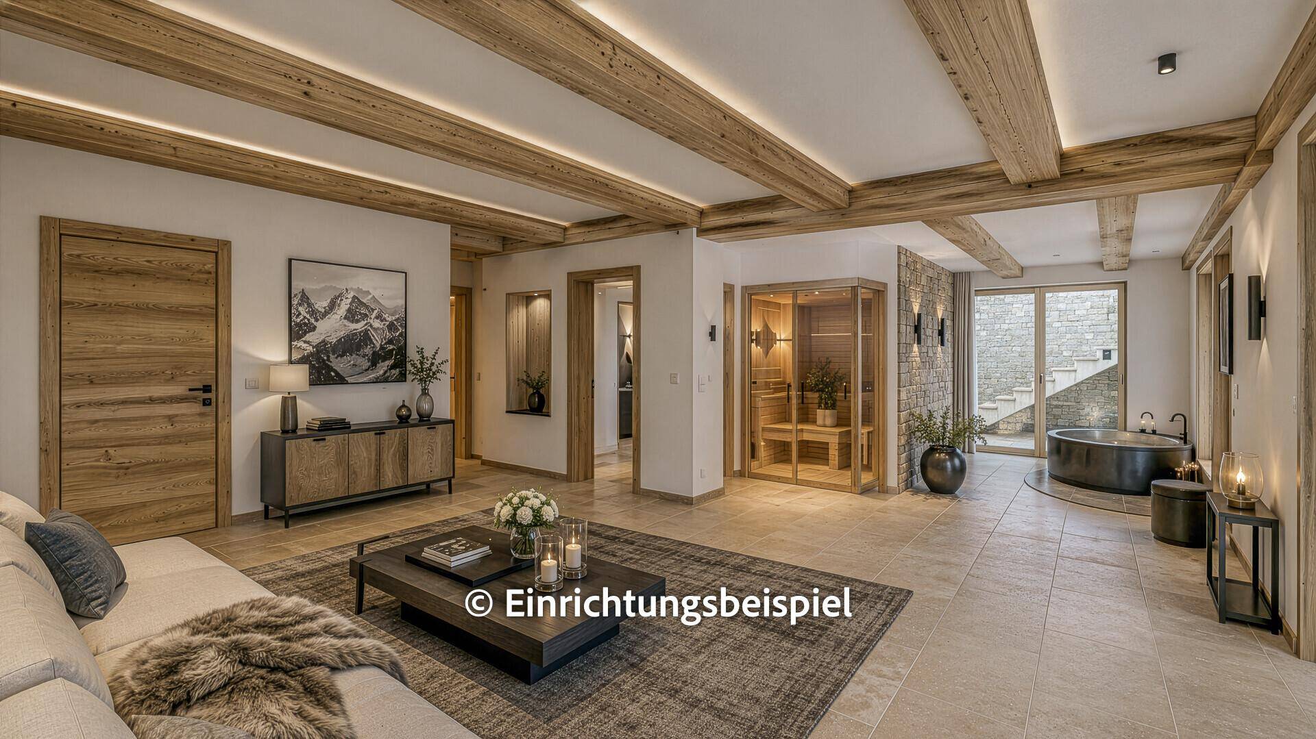 Exklusiver Wohnbereich mit Sauna, Whirlpool und Holzbalken, als Beispiel für luxuriöses Wohnen.