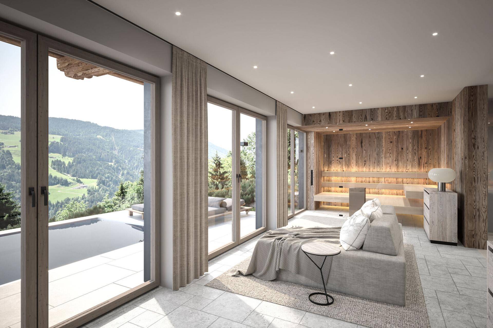 Exklusiver Wellnessbereich mit Sauna, Ruheliege und direktem Zugang zum Außenbereich mit Pool.