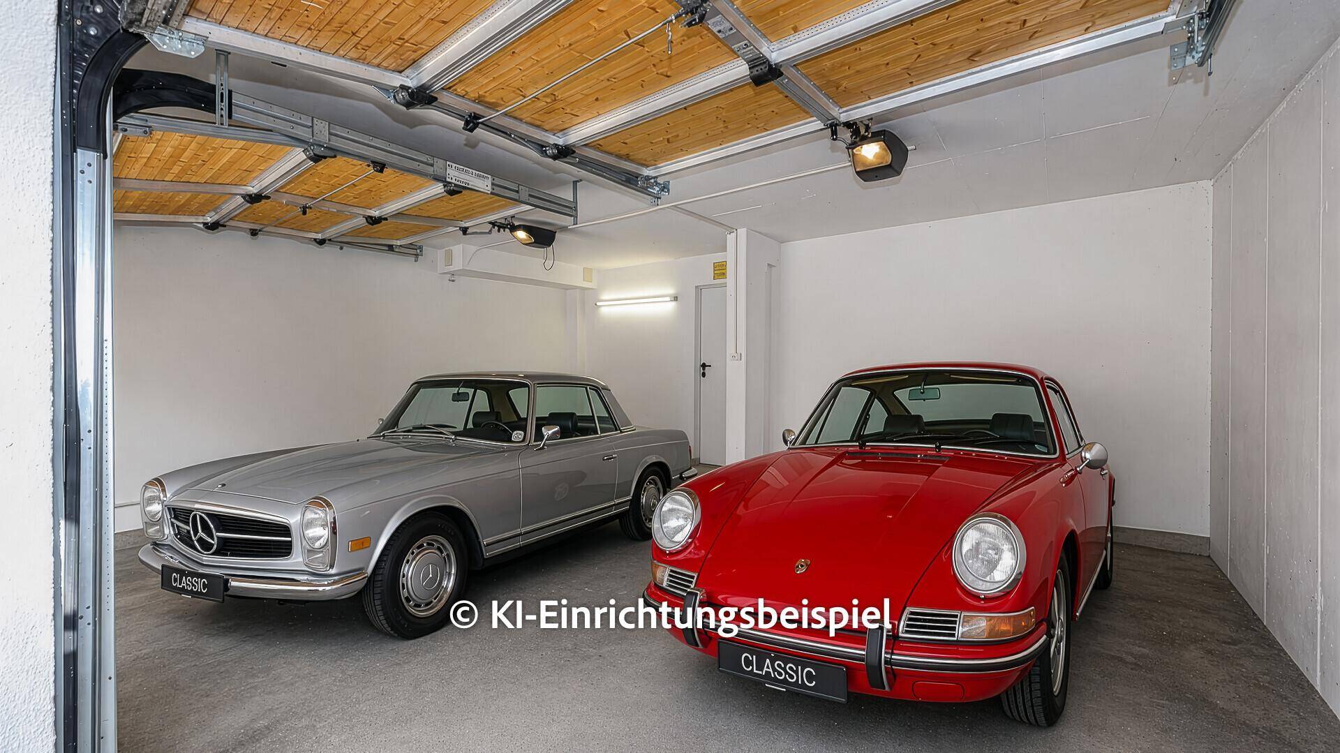 Geräumige Garage mit zwei Oldtimern und sauberem Betonboden.
