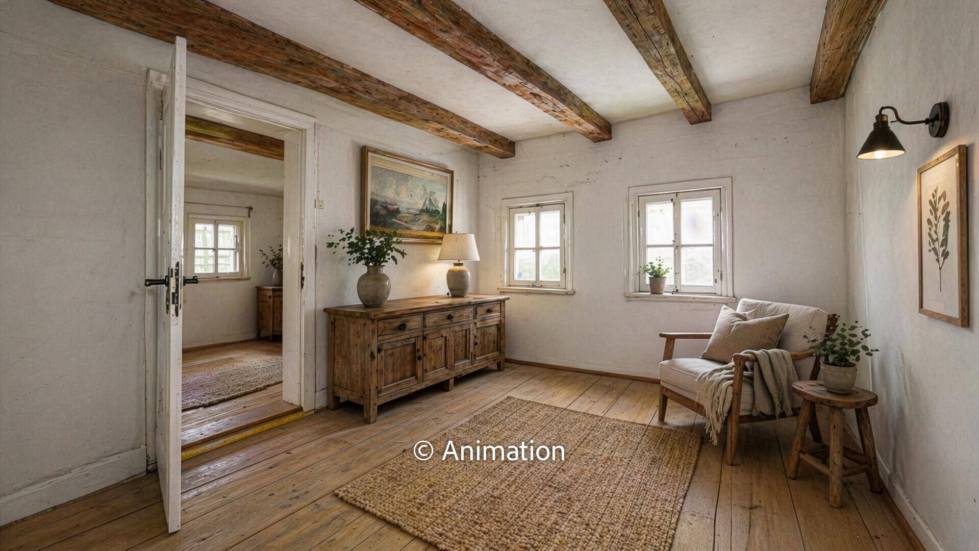 Einladender Wohnbereich mit Holzbalkendecke, rustikalem Sideboard und gemütlicher Leseecke.