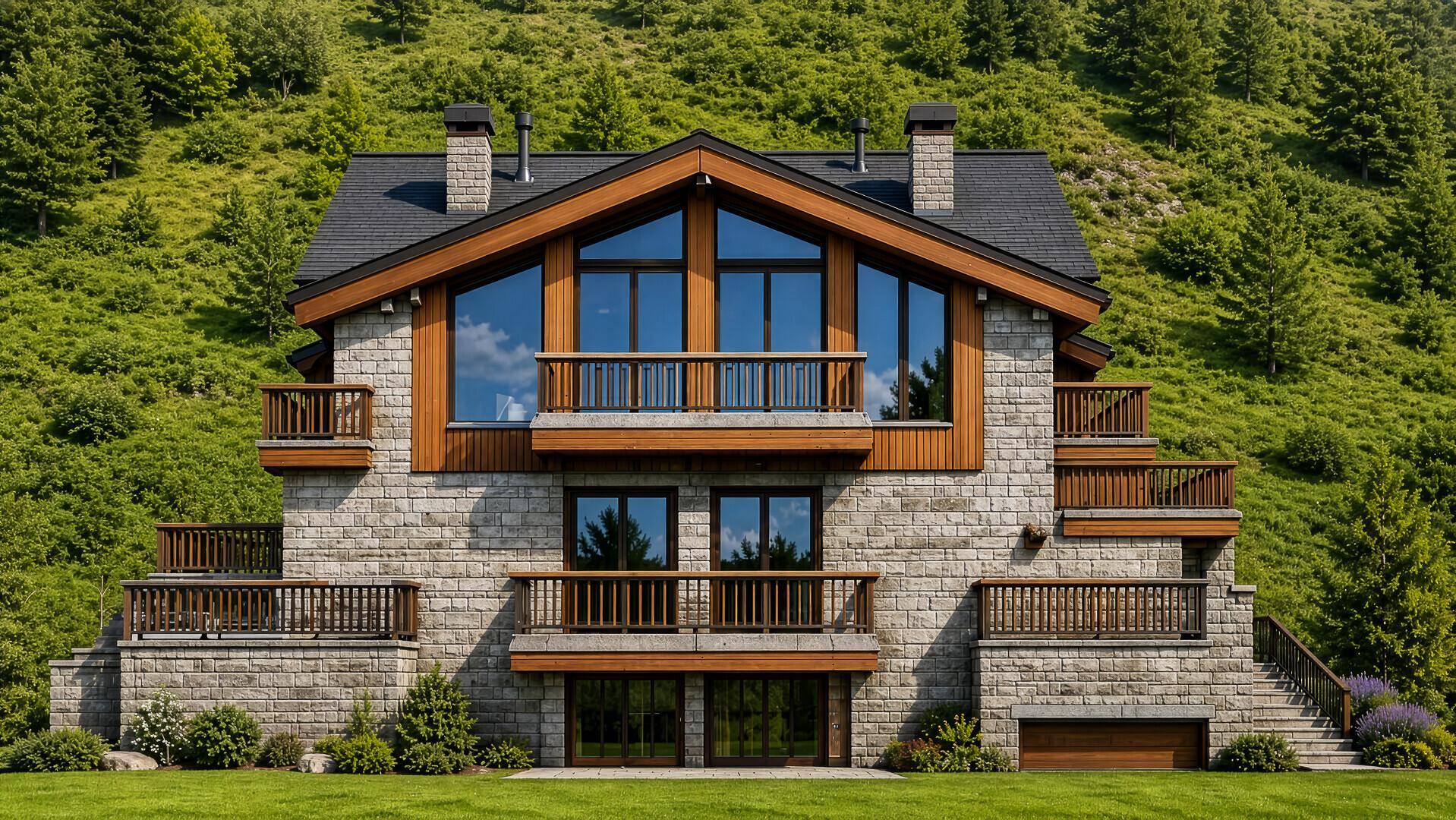 Prächtiges Chalet mit Steinmauerwerk und Holzverkleidung, umgeben von grünen Hängen.