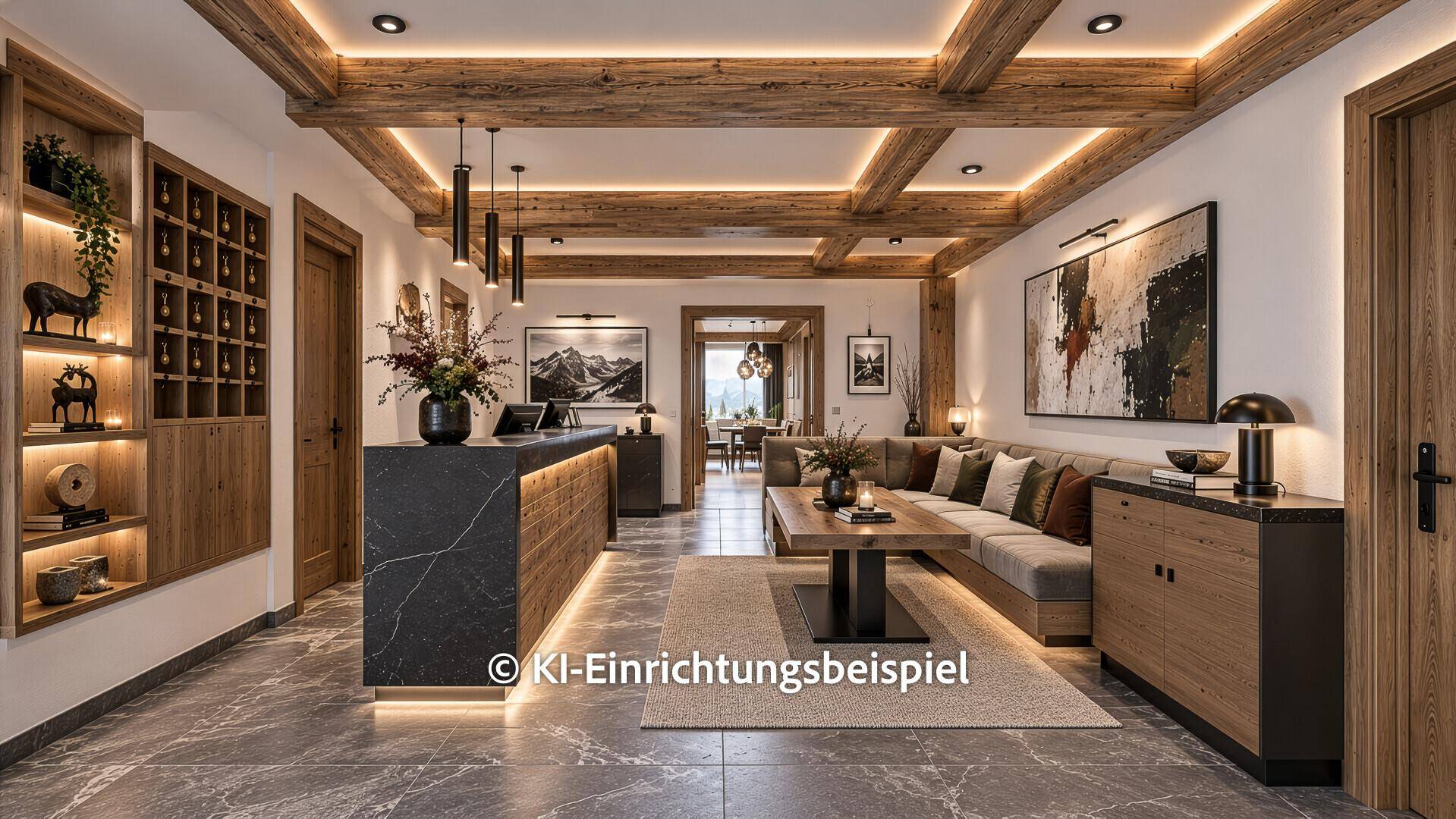 Modernes Interieur mit Holzbalken, indirekter Beleuchtung und stilvoller Einrichtung.