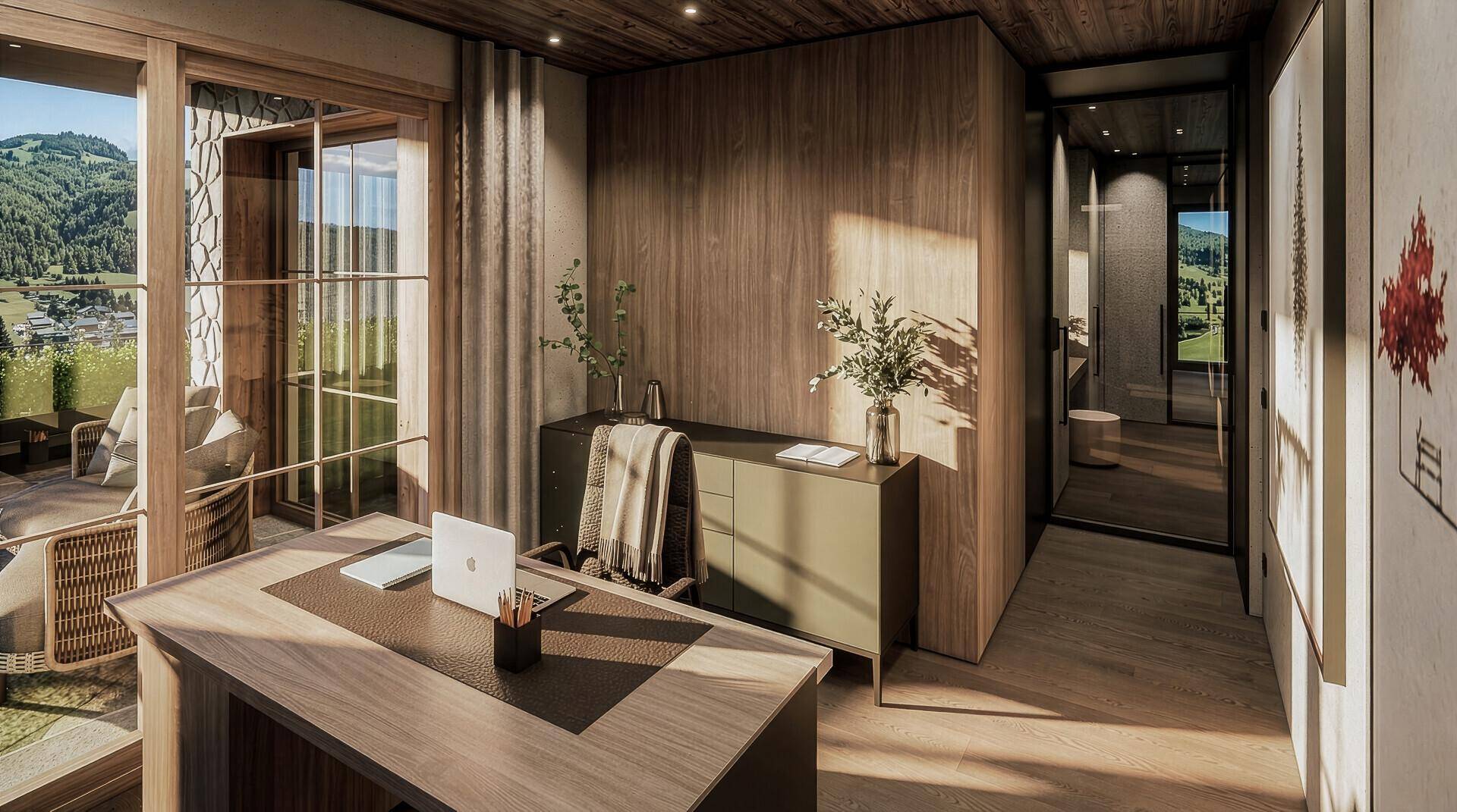 Modernes Arbeitszimmer mit Schreibtisch und Blick in einen eleganten Flur, der zu weiteren Räumen führt.