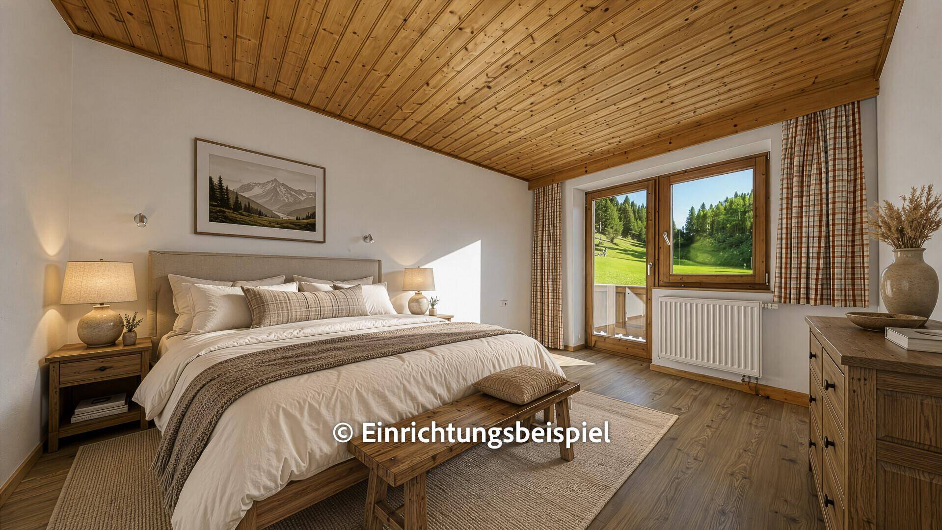 Gemütliches Schlafzimmer mit Holzbalkendecke, Doppelbett und Balkonzugang.