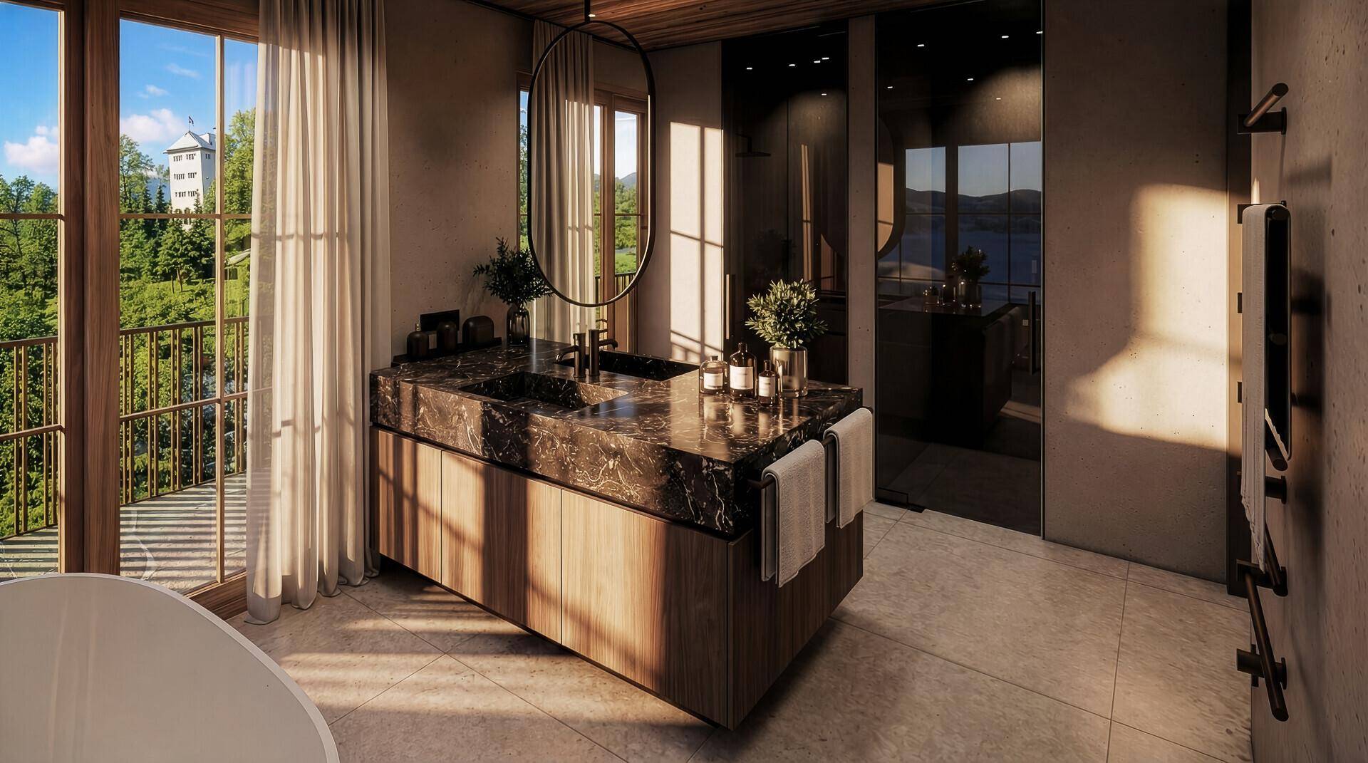 Luxuriöses Badezimmer mit Doppelwaschbecken, freistehender Badewanne und großer Dusche mit Waldblick.