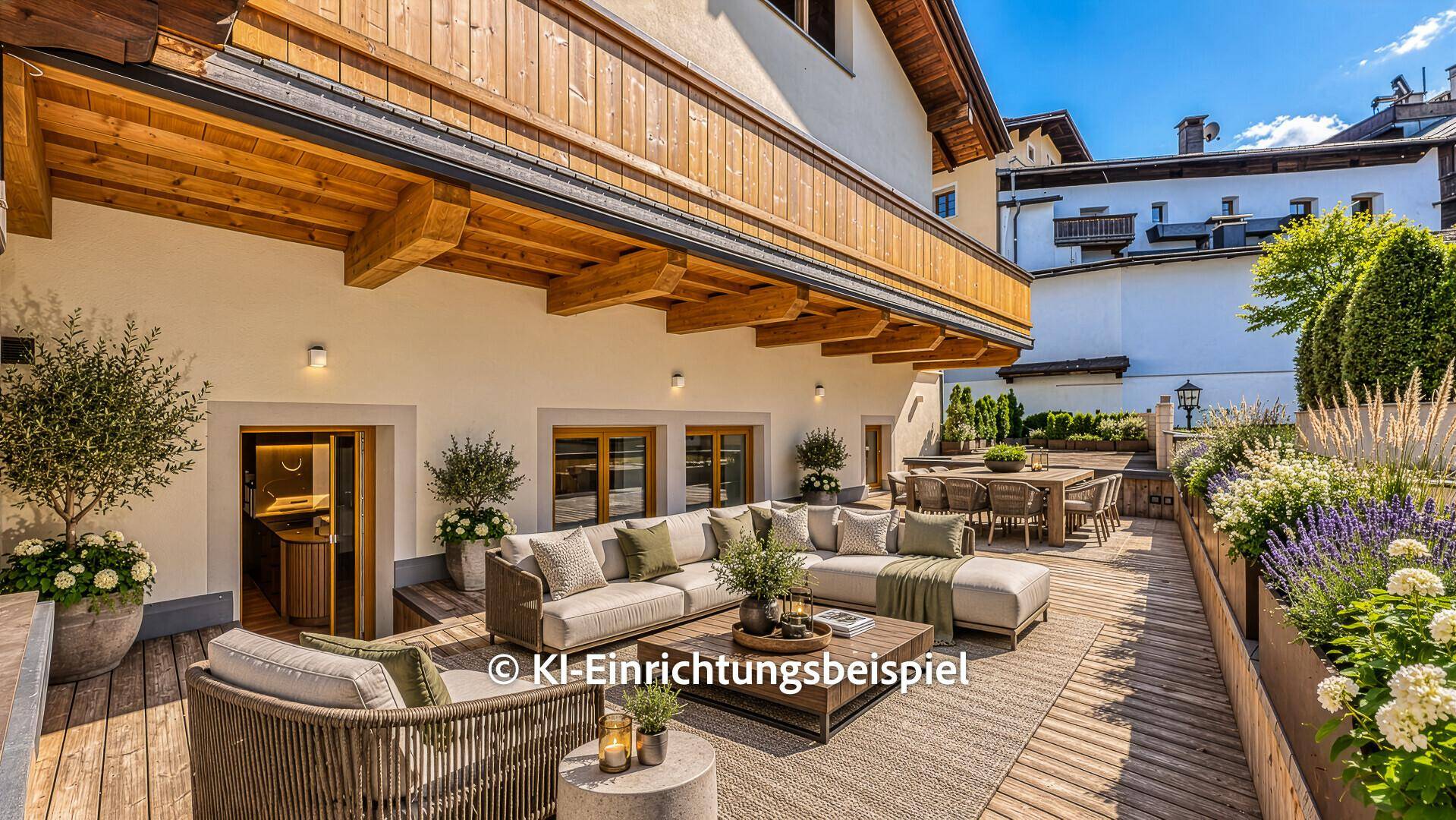 Große Sonnenterrasse mit Loungemöbeln, Esstisch und Blick auf die umliegende Bebauung.
