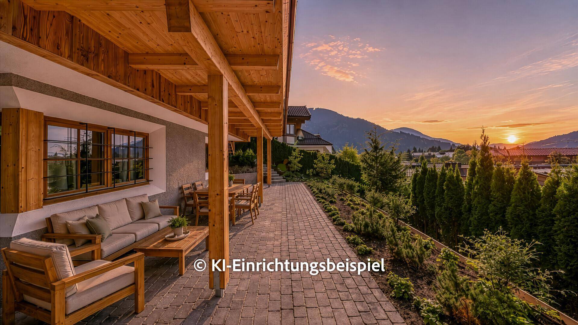 Abendstimmung auf der überdachten Terrasse mit Loungemöbeln und malerischem Sonnenuntergang über den Bergen.