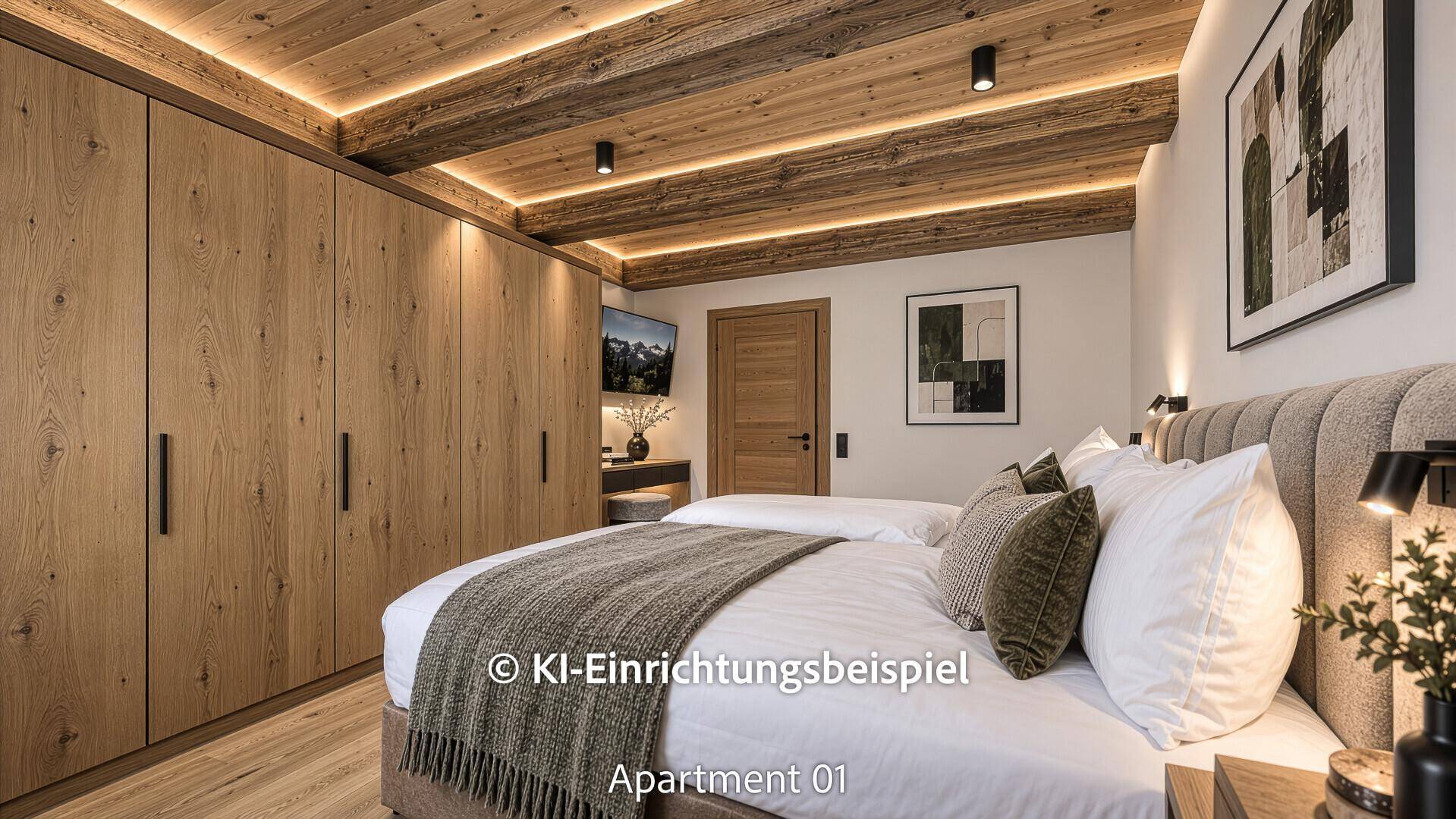 Modernes Schlafzimmer mit Holzbalkendecke, Einbauschränken und Doppelbett.