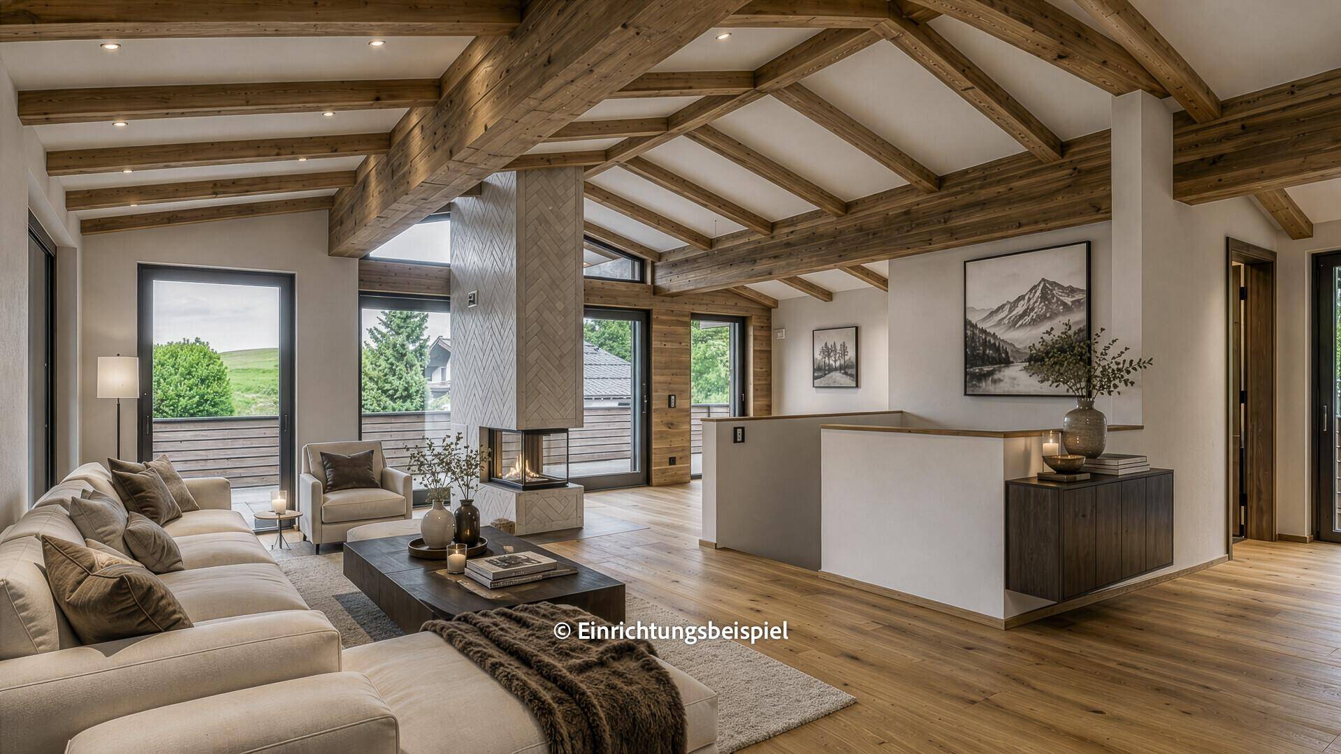 Gemütliches Wohnzimmer mit Holzbalken, Kamin und moderner Einrichtung, ideal für entspannte Abende.