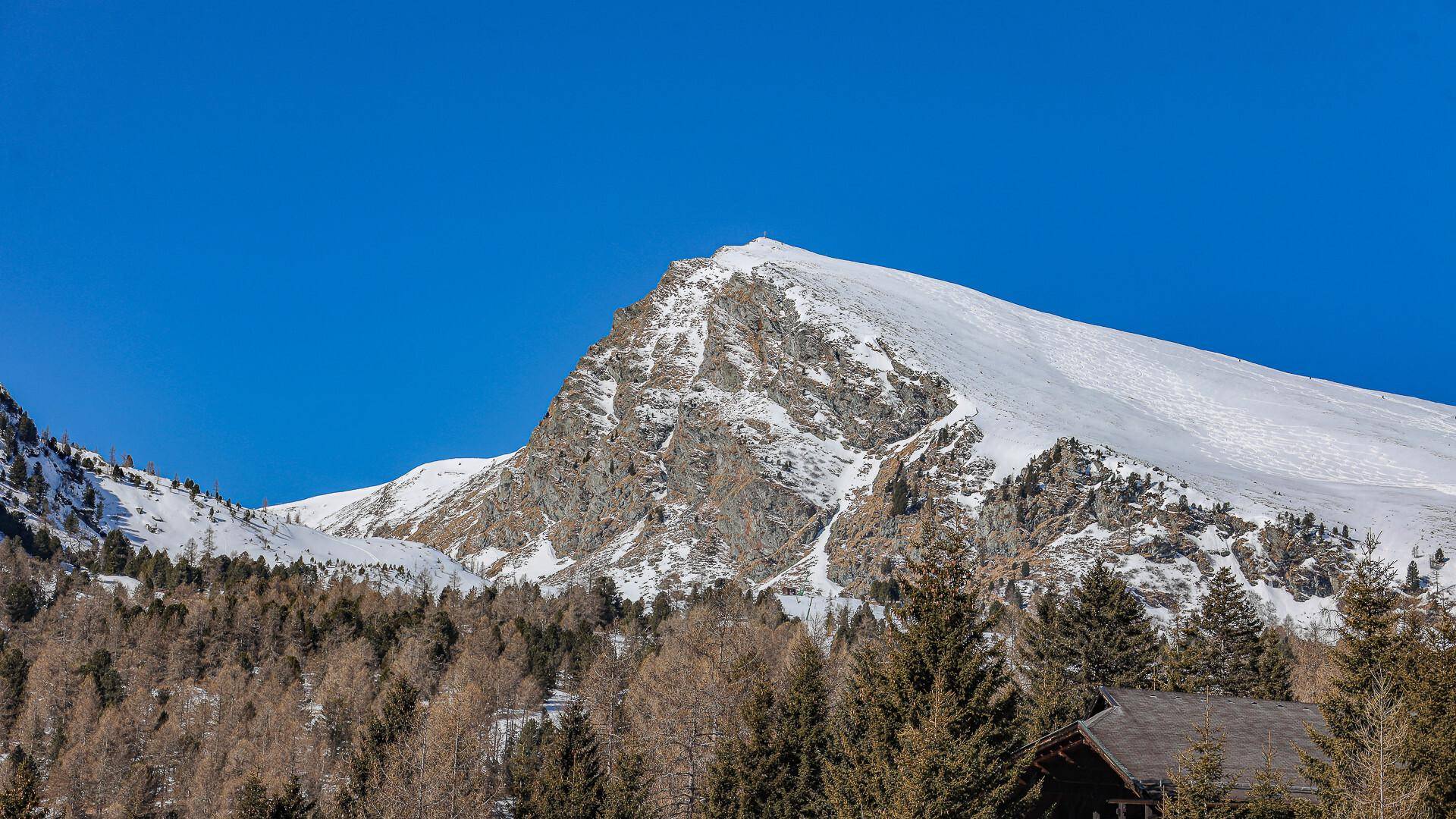 Majestätischer schneebedeckter Berggipfel ragt unter einem strahlend blauen Himmel empor, umgeben von Wäldern.