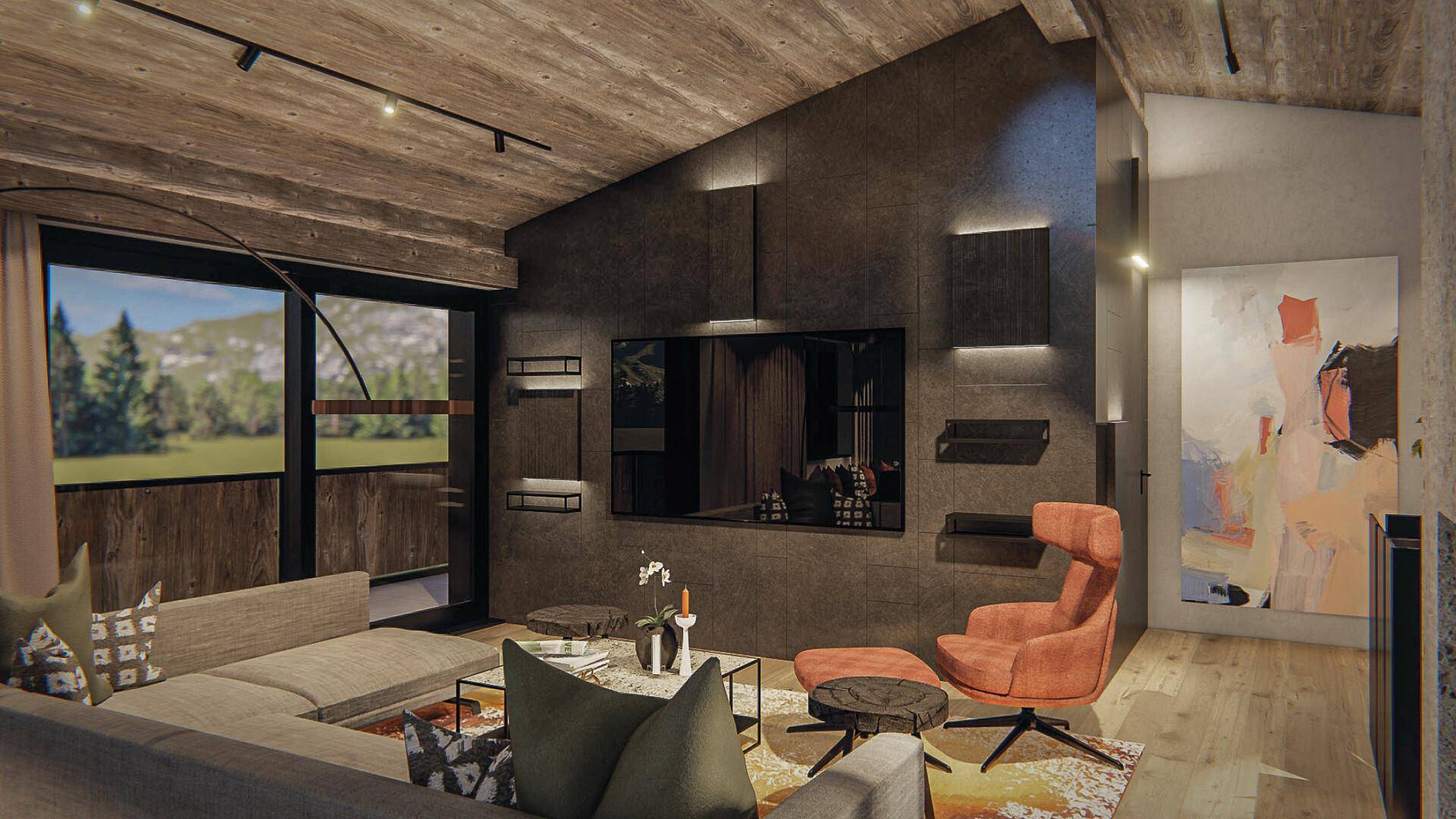 Gemütliches Wohnzimmer mit modernem Design, Holzbalkendecke und großem Fenster mit Bergblick.