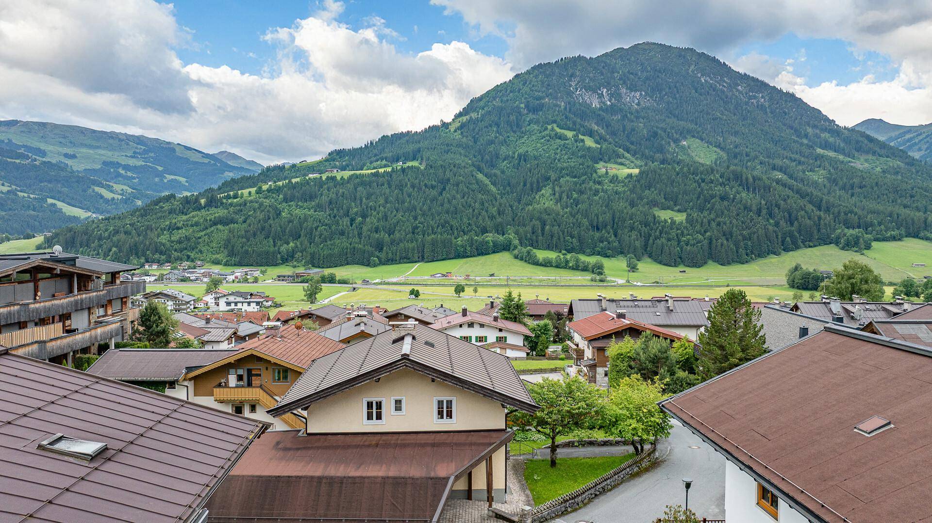Weitblick über Dächer einer Wohnsiedlung mit einem imposanten grünen Berg im Hintergrund.