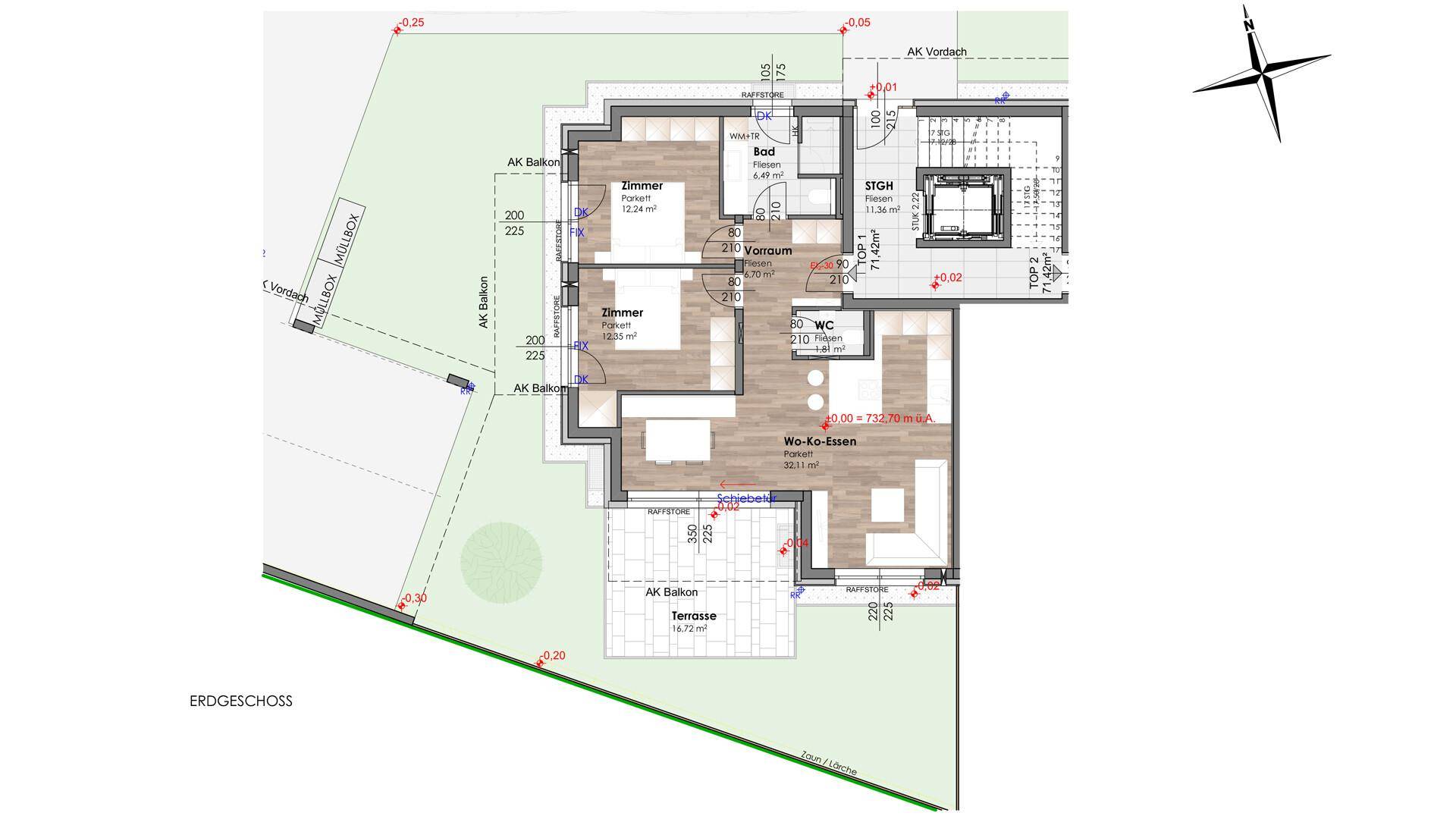 Grundriss des Erdgeschosses mit Wohn-Koch-Essbereich, Schlafzimmern, Terrasse und Balkon.