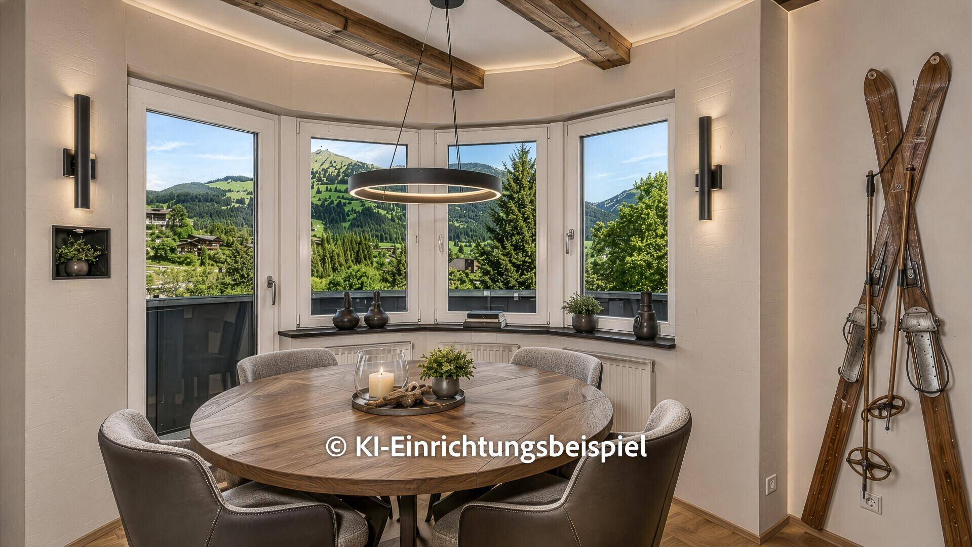 Moderner Essbereich mit Holztisch, bequemen Stühlen und Panoramablick auf die Berge.