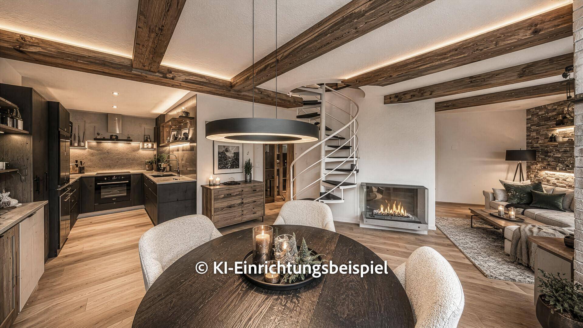 Moderner offener Wohn- und Essbereich mit dunkler Küche, Holzbalken und Kamin.