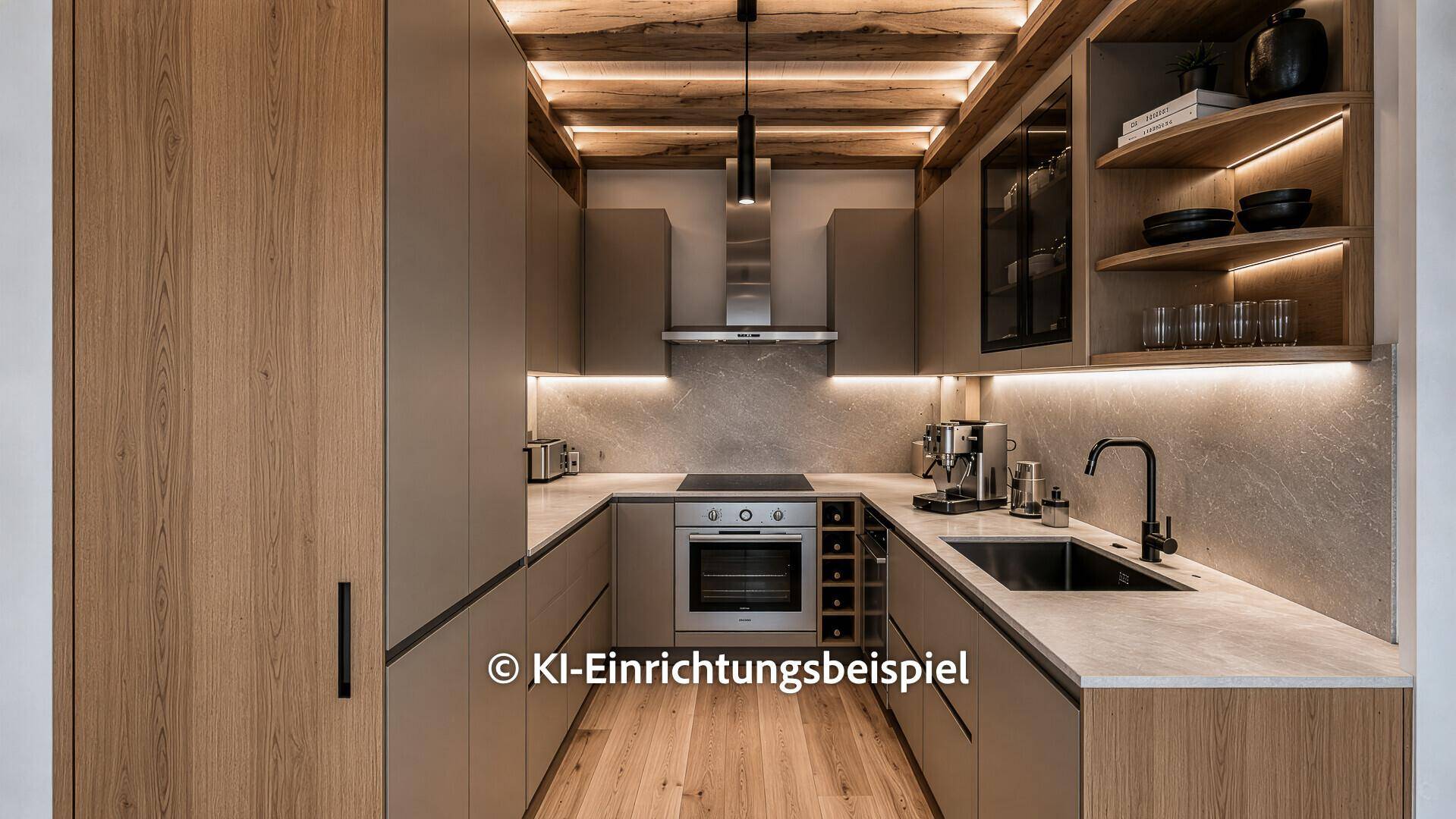 Moderne Küche mit grauen Fronten, Holzbalken, integrierten Geräten und Unterbauleuchten.