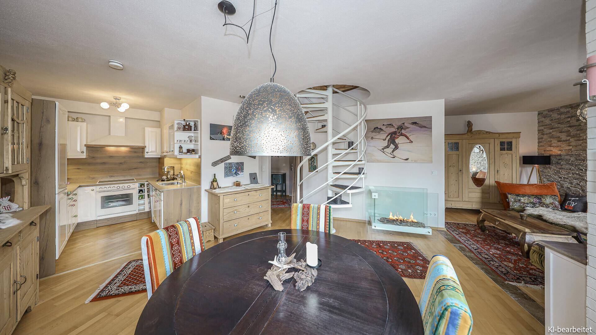 Offener Wohn- und Essbereich mit Küche, Wendeltreppe und Kamin im alpinen Stil.