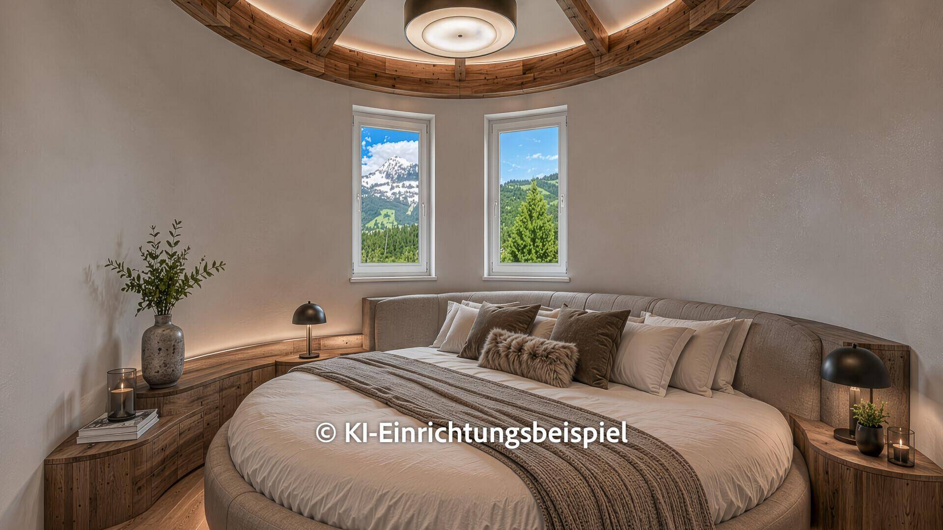 Modernes rundes Schlafzimmer mit großem Bett, Holzbalken und Panoramablick auf die Berge.