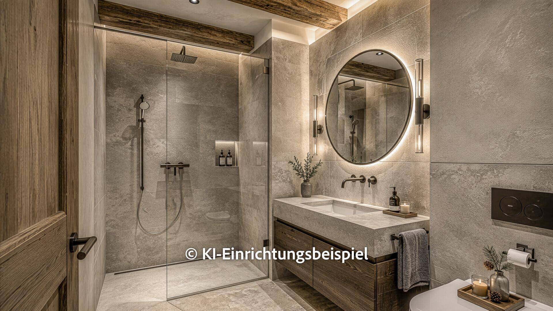 Modernes Badezimmer mit großer begehbarer Dusche, runden Spiegel und Holzbalken.