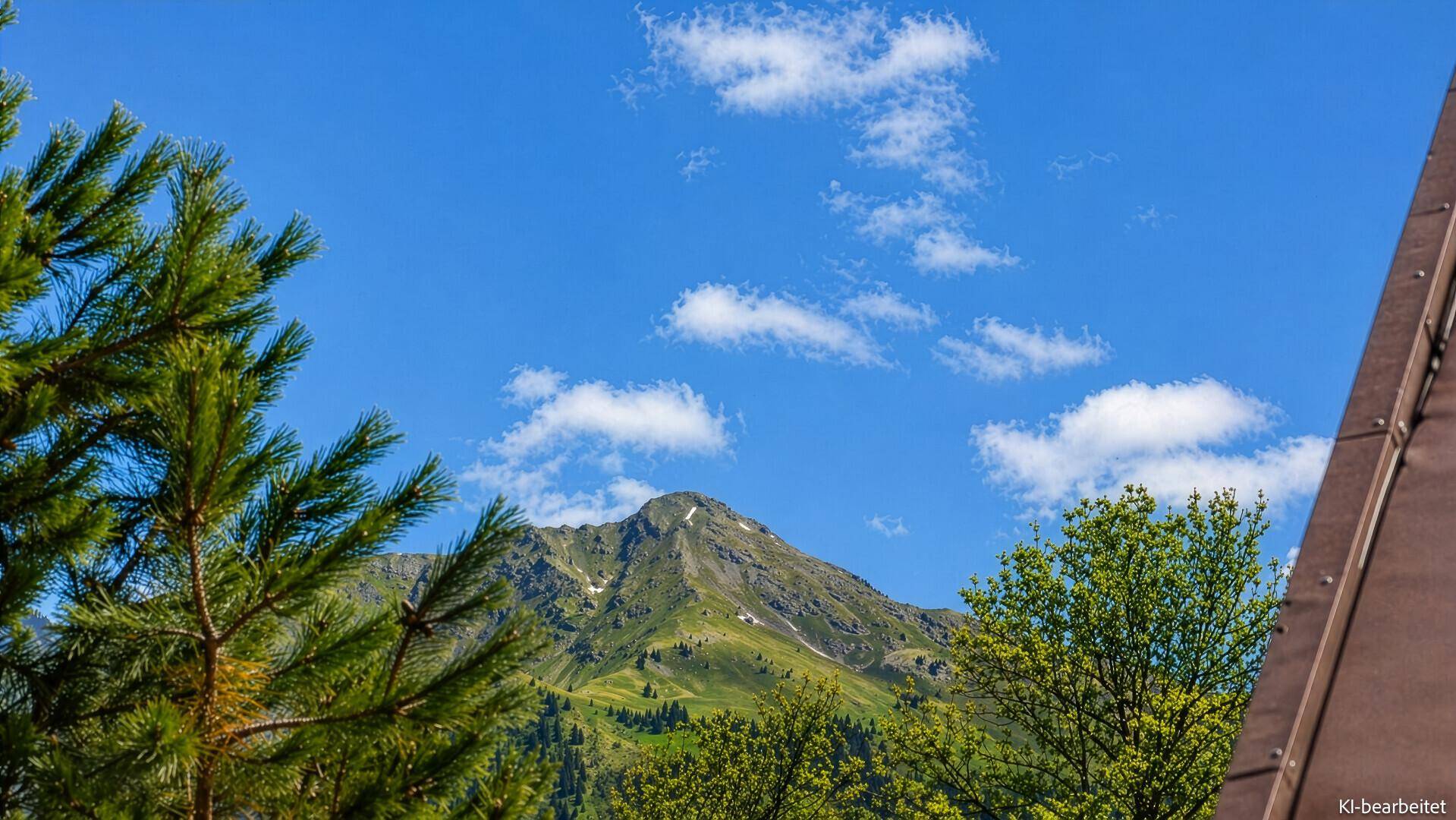 Weitläufige Berglandschaft mit bewaldeten Hängen unter blauem Himmel.