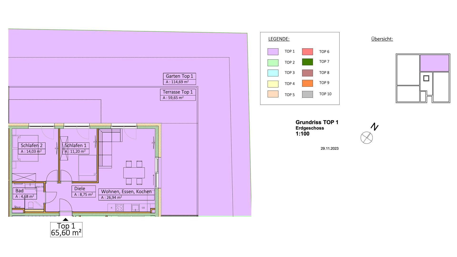 Grundriss des Erdgeschosses von Top 1 mit zwei Schlafzimmern, offenem Wohnbereich, Bad, Garten und Terrasse.