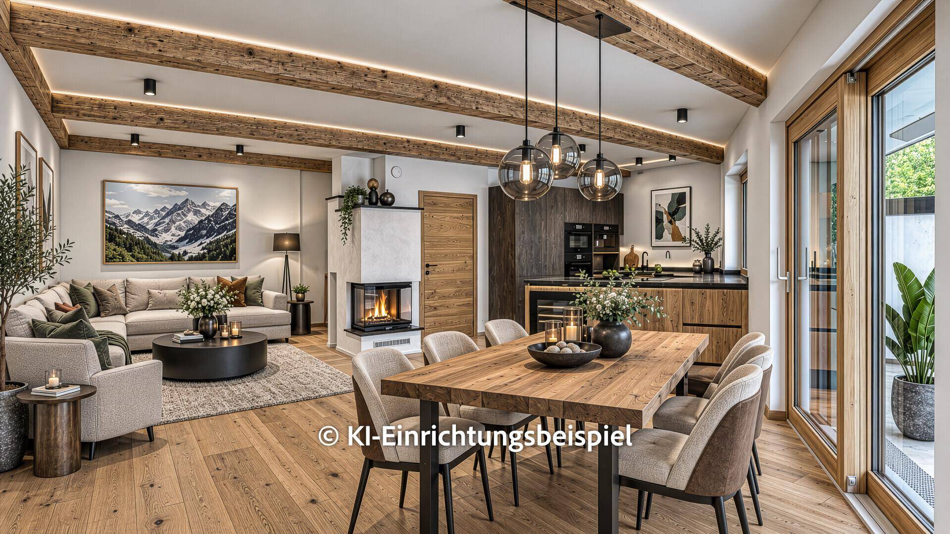 KI-Einrichtungsbeispiel: Stilvoller offener Wohn-Essbereich mit Holzbalken, Kamin und Terrassenzugang.