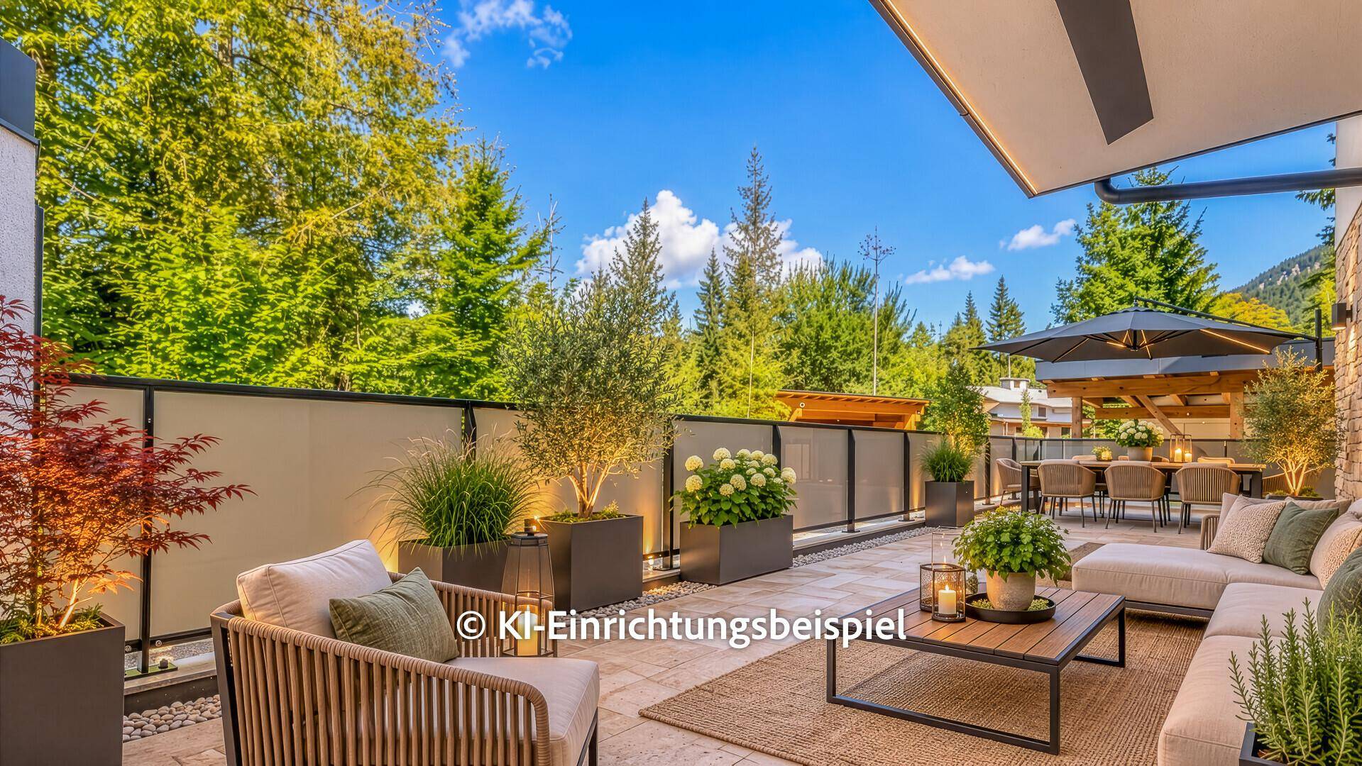 Großzügige Terrasse mit stilvollen Gartenmöbeln, Pflanzen und Essbereich im Freien.