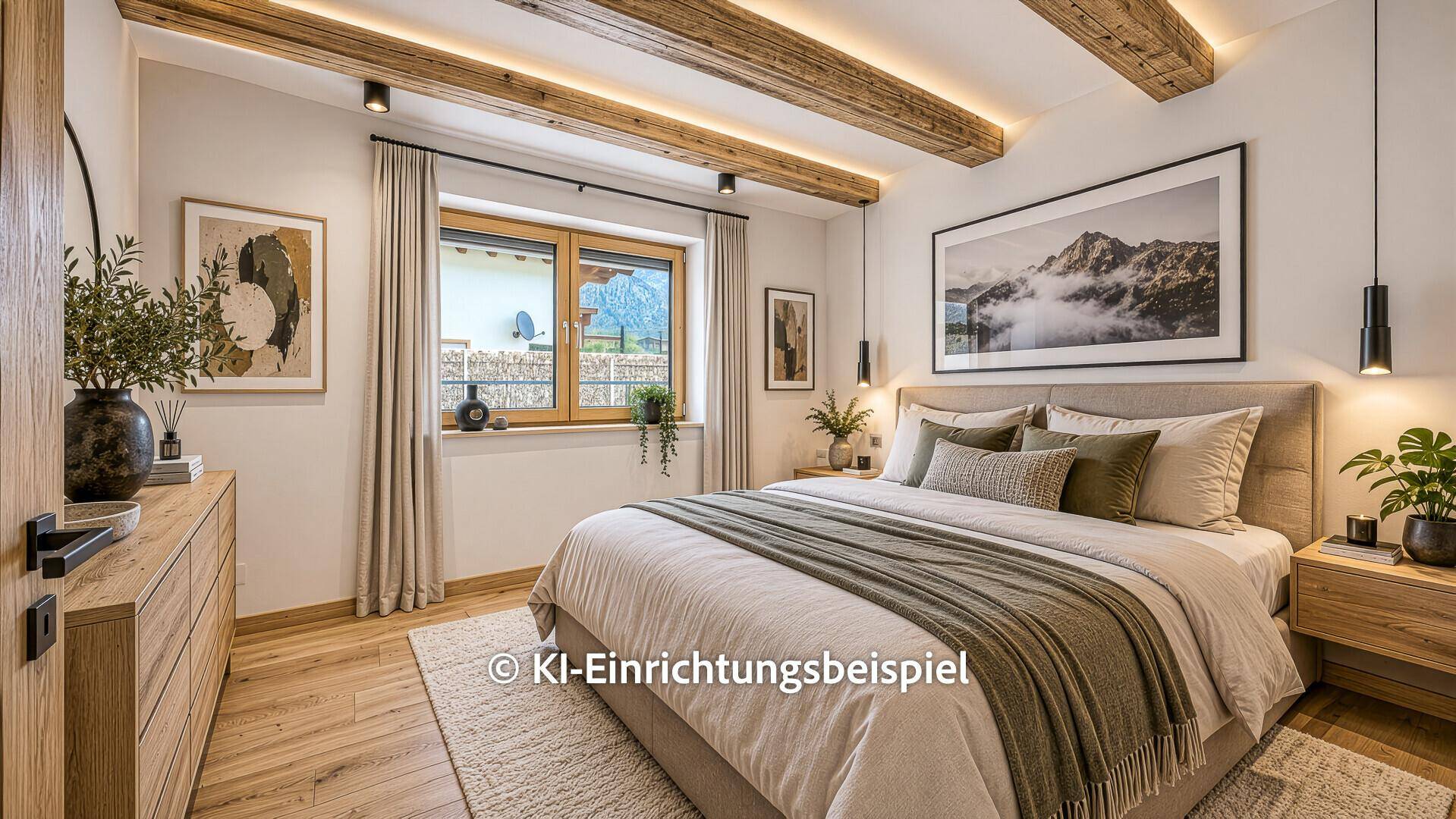 KI-Einrichtungsbeispiel: Stilvolles Schlafzimmer mit Holzbalken, Doppelbett und Blick auf die Berge.