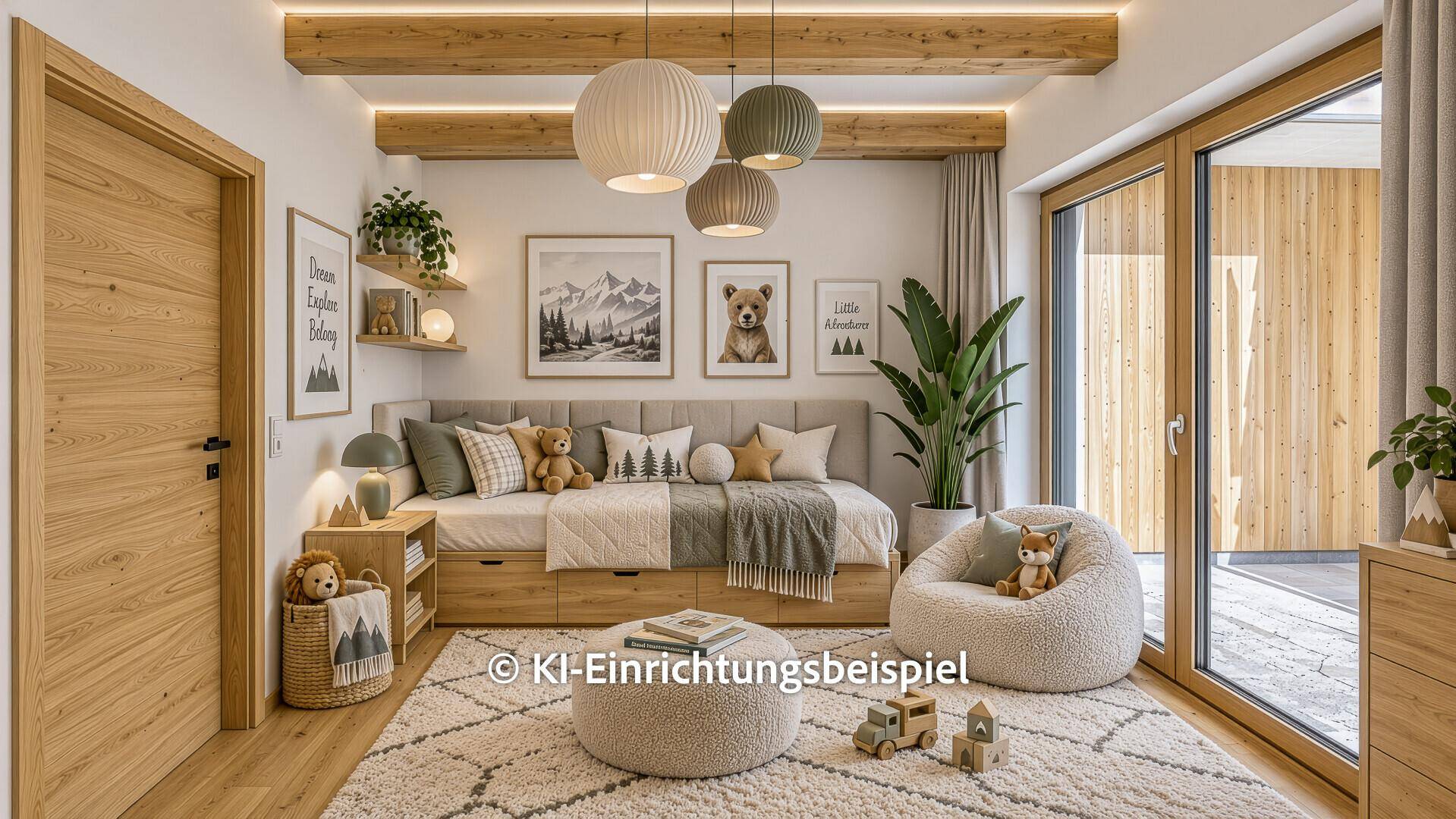 KI-Einrichtungsbeispiel: Liebevoll eingerichtetes Kinderzimmer mit Holzbalken und Zugang zur Terrasse.