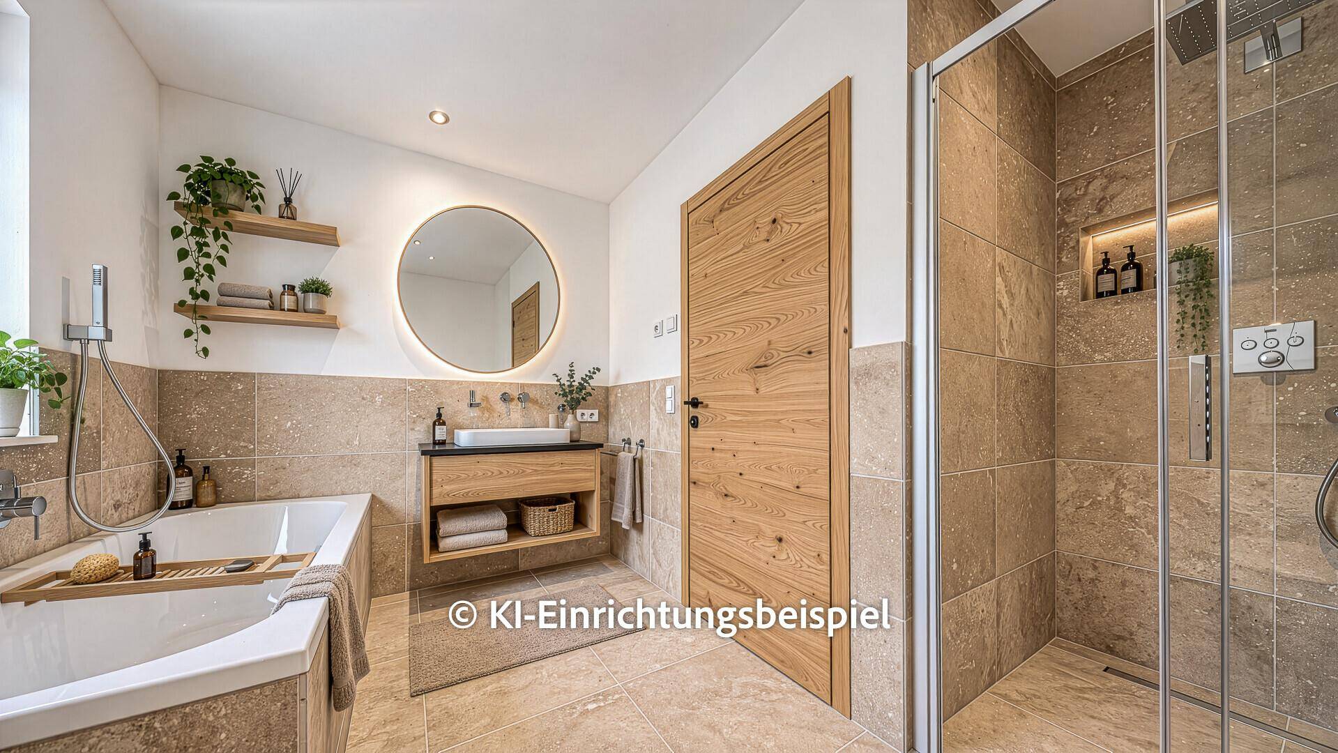 KI-Einrichtungsbeispiel: Stilvolles Badezimmer mit Badewanne, Dusche und modernen Armaturen.