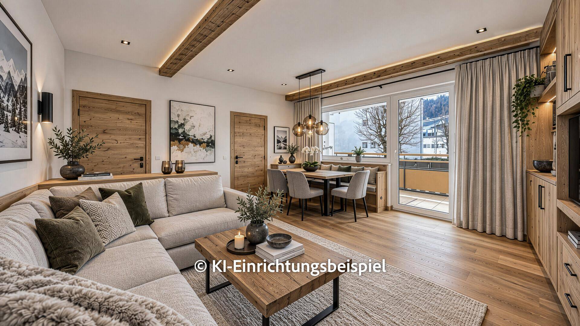 Modernes Wohn-Esszimmer im alpinen Stil mit Holzbalken, großem Sofa und Zugang zum Balkon.