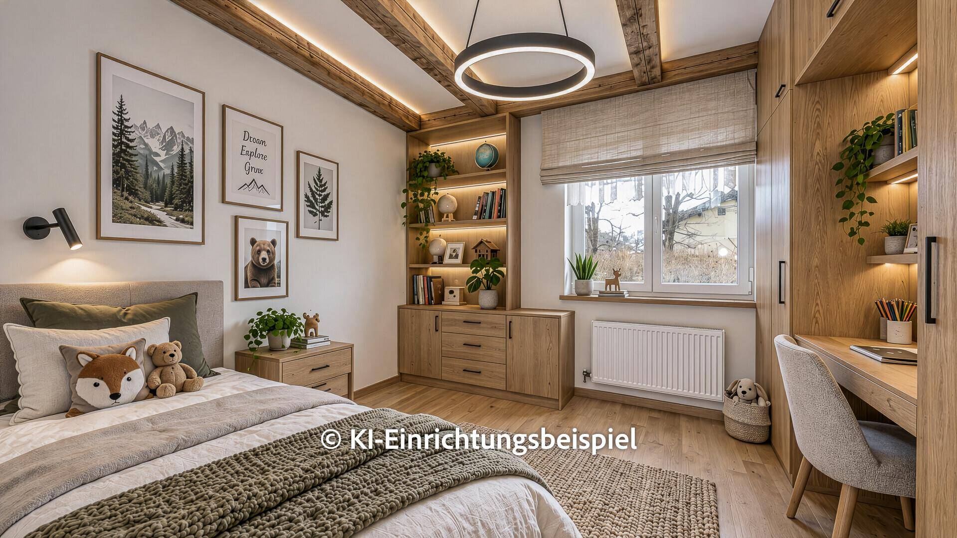 Modernes Kinderzimmer mit Holzbalken, Schreibtisch, Regal und großem Fenster.