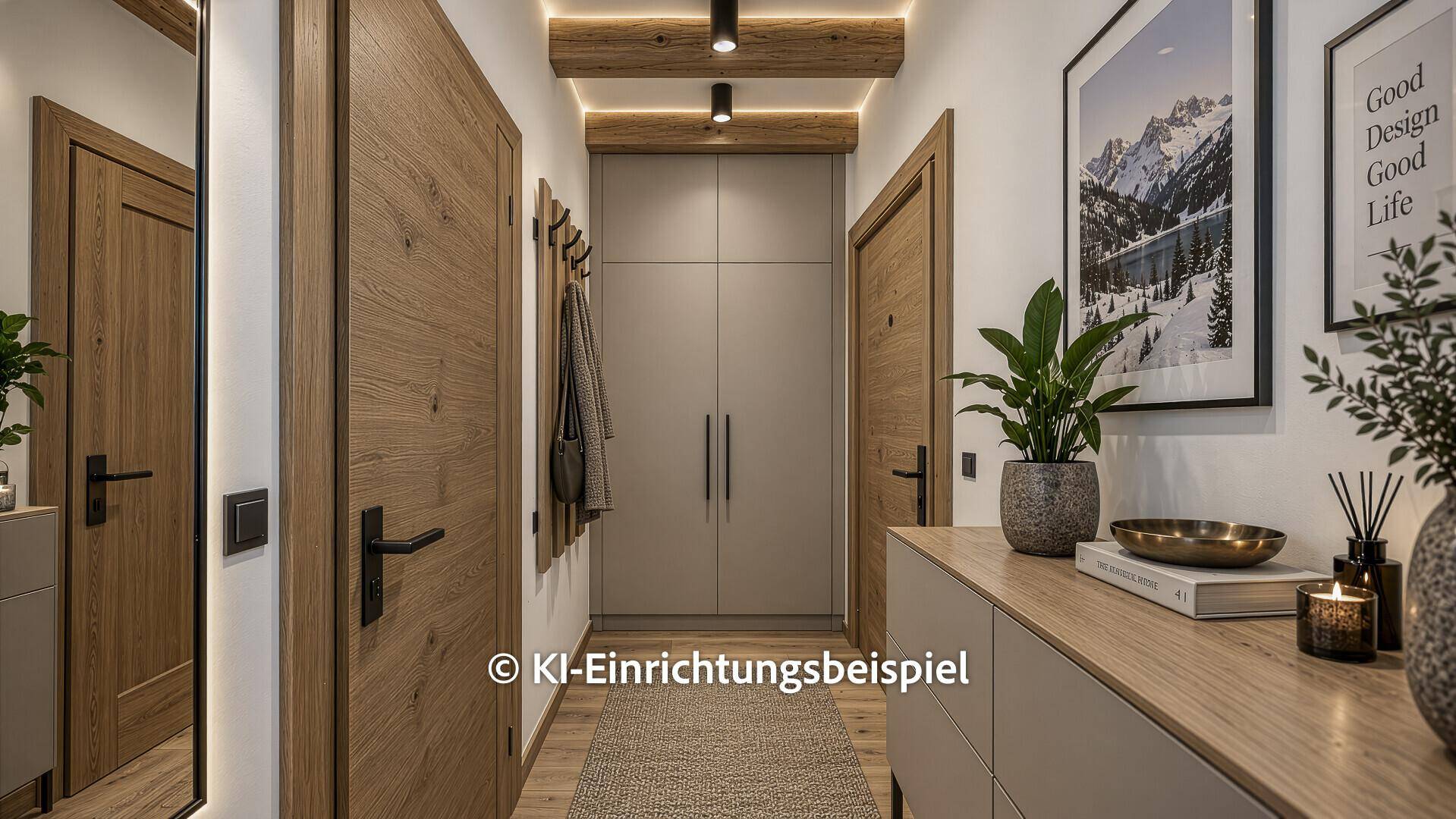 Moderner Flur mit Holzbalken, Einbauschränken und stilvoller Dekoration.
