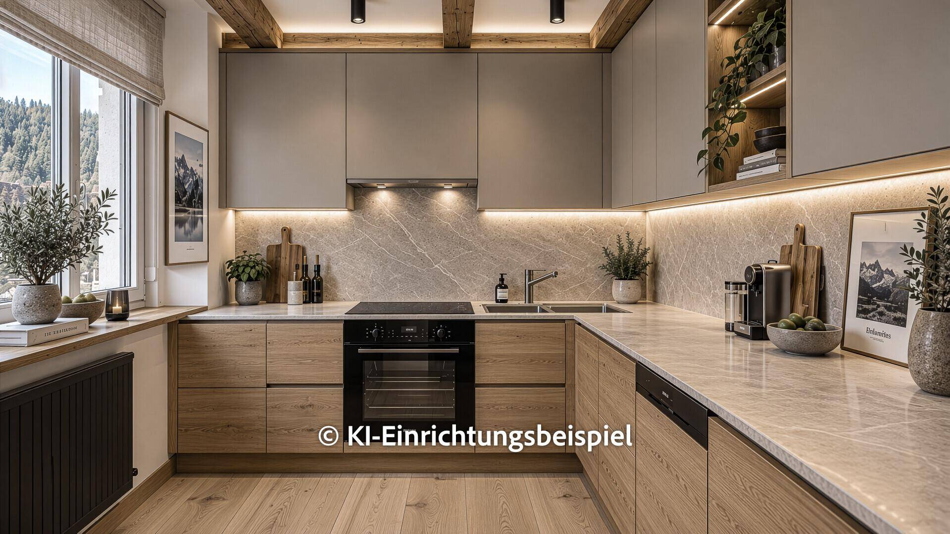 Moderne Küche mit Holz- und grauen Schränken, Marmorarbeitsplatten und Einbaugeräten.