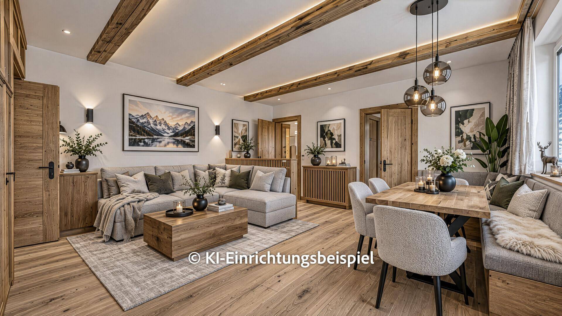 Modernes Wohn-Esszimmer im alpinen Stil mit Holzbalken, großem Sofa und Esstisch.