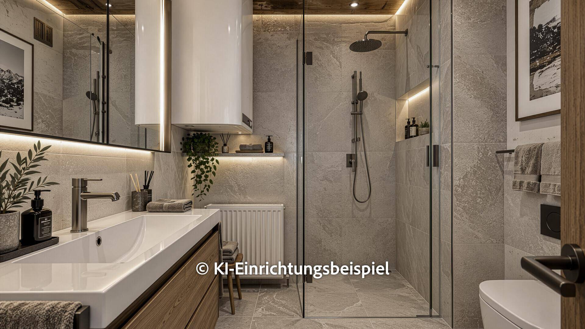 Modernes Badezimmer mit begehbarer Dusche, grauen Fliesen und stilvollem Waschtisch.