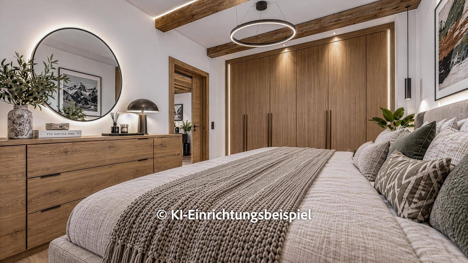 Modernes Schlafzimmer mit Holzbalken, großem Bett, Einbauschränken und stilvoller Beleuchtung.