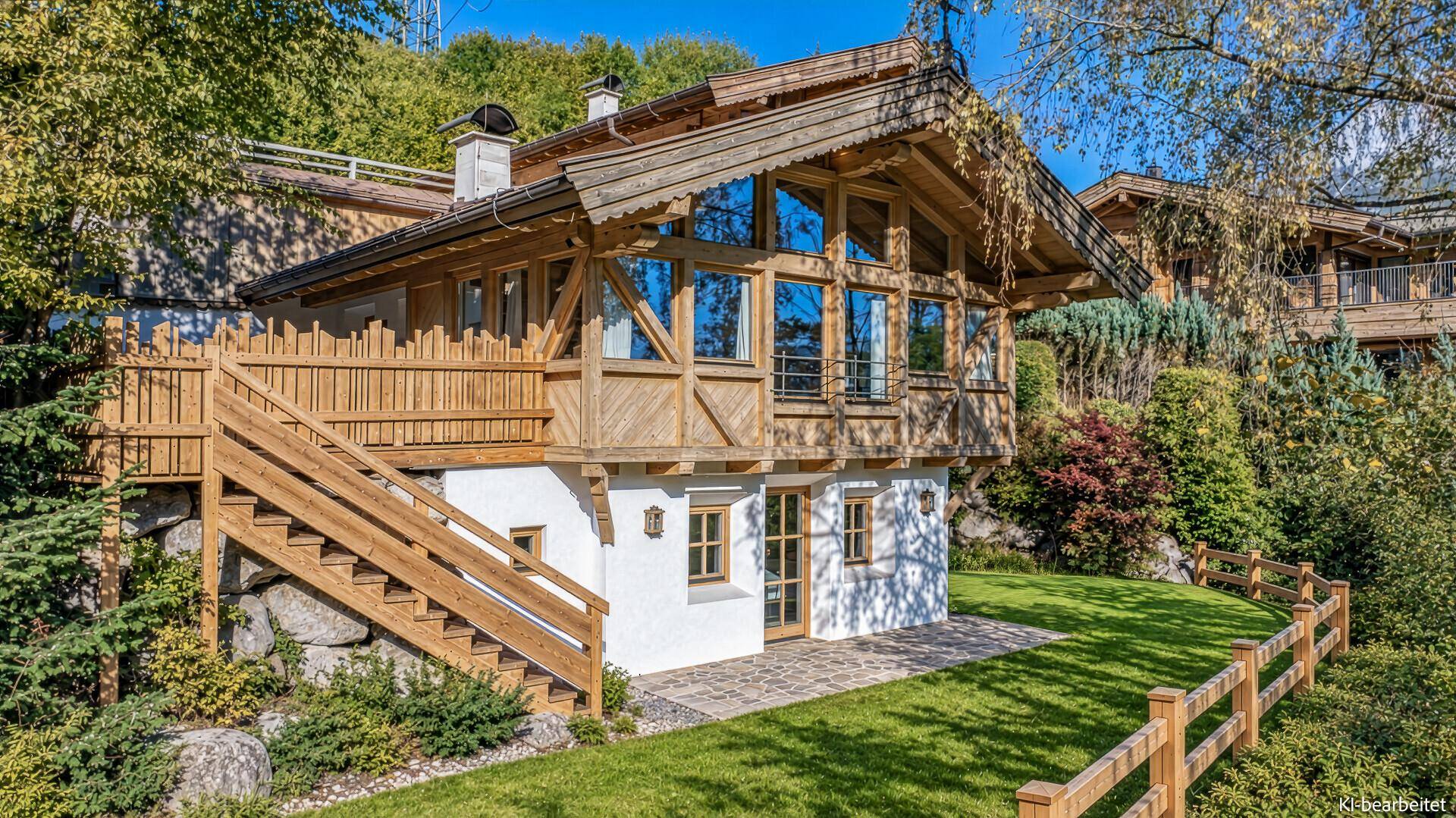 Charmantes Chalet mit Holzfassade, Außentreppe und kleiner gepflasterter Terrasse.