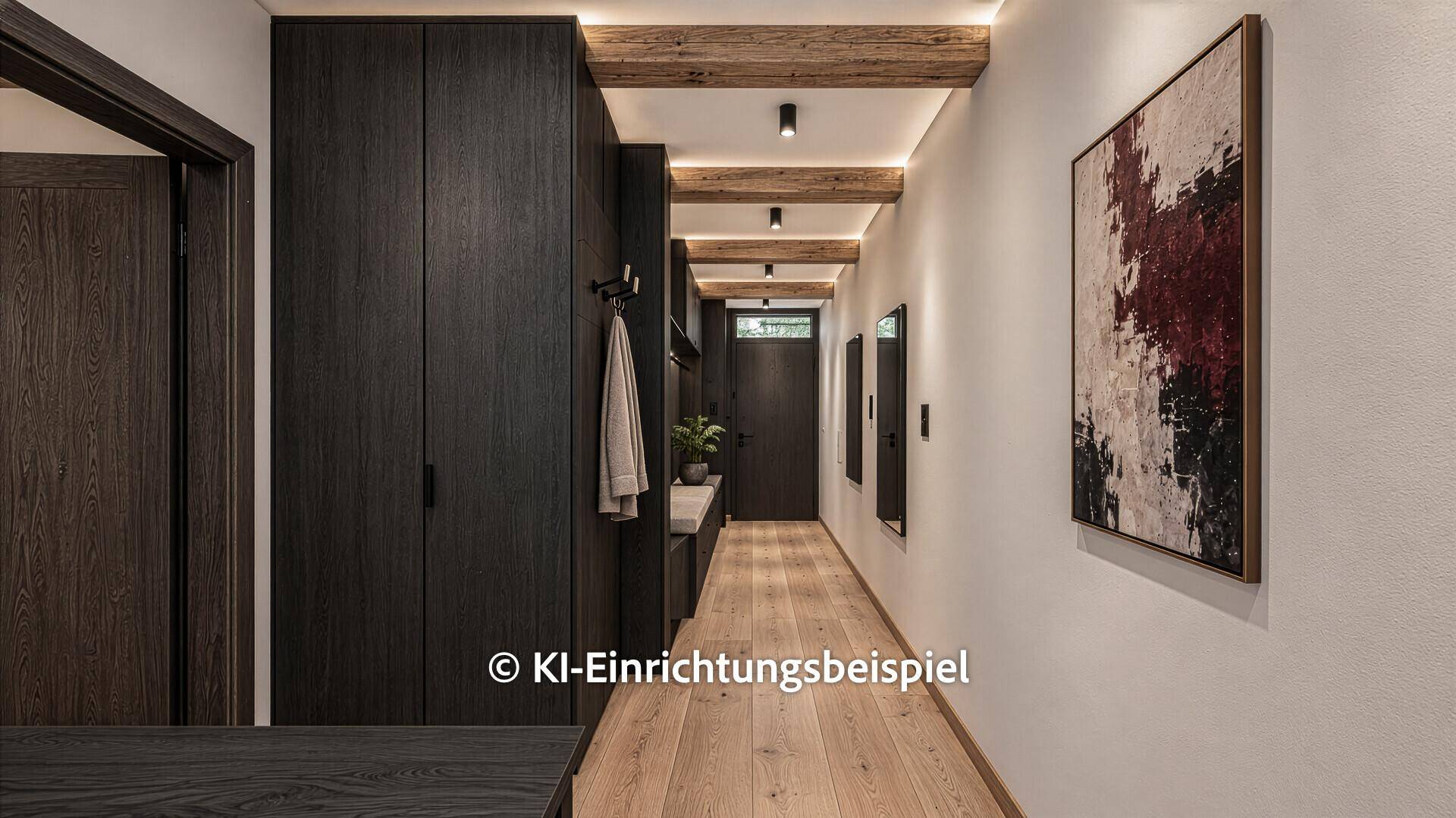 Moderner Flur mit dunklen Holzschränken, Holzbalken und Parkettboden.