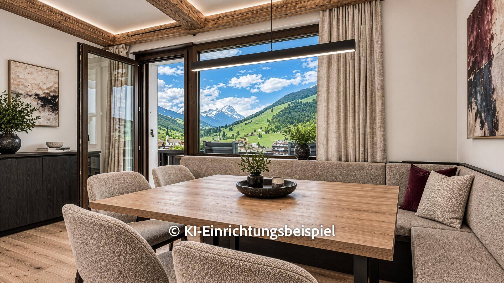 Moderner Essbereich mit Holztisch, bequemer Bank und beeindruckendem Bergblick.
