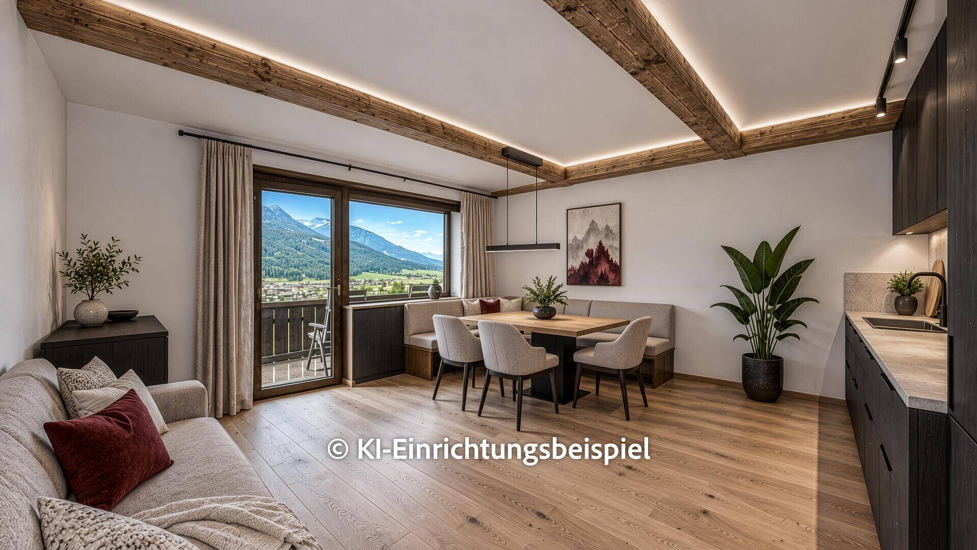 Modern gestalteter Wohn-Essbereich mit Holzbalken, Parkettboden und Bergblick vom Balkon.