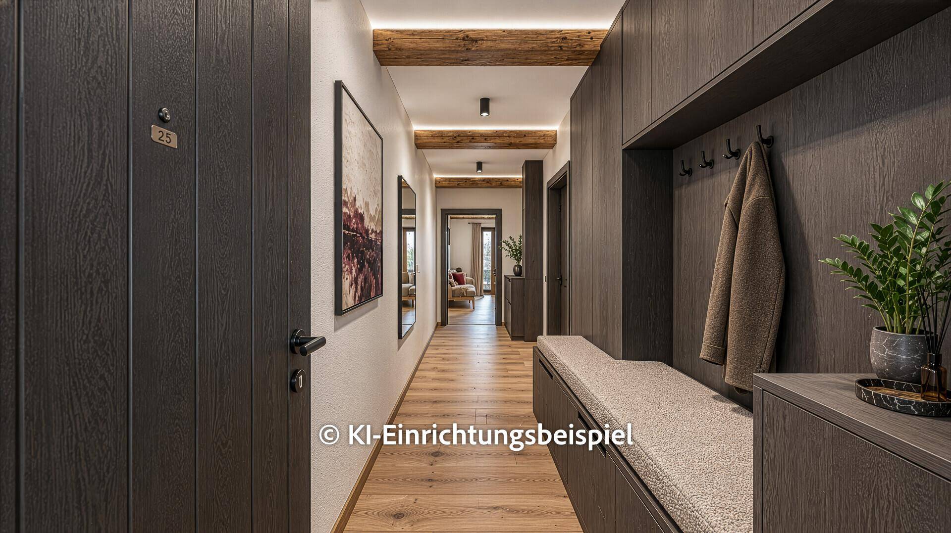 Moderner Eingangsbereich mit dunkler Tür, Holzbalken und integrierter Sitzbank.