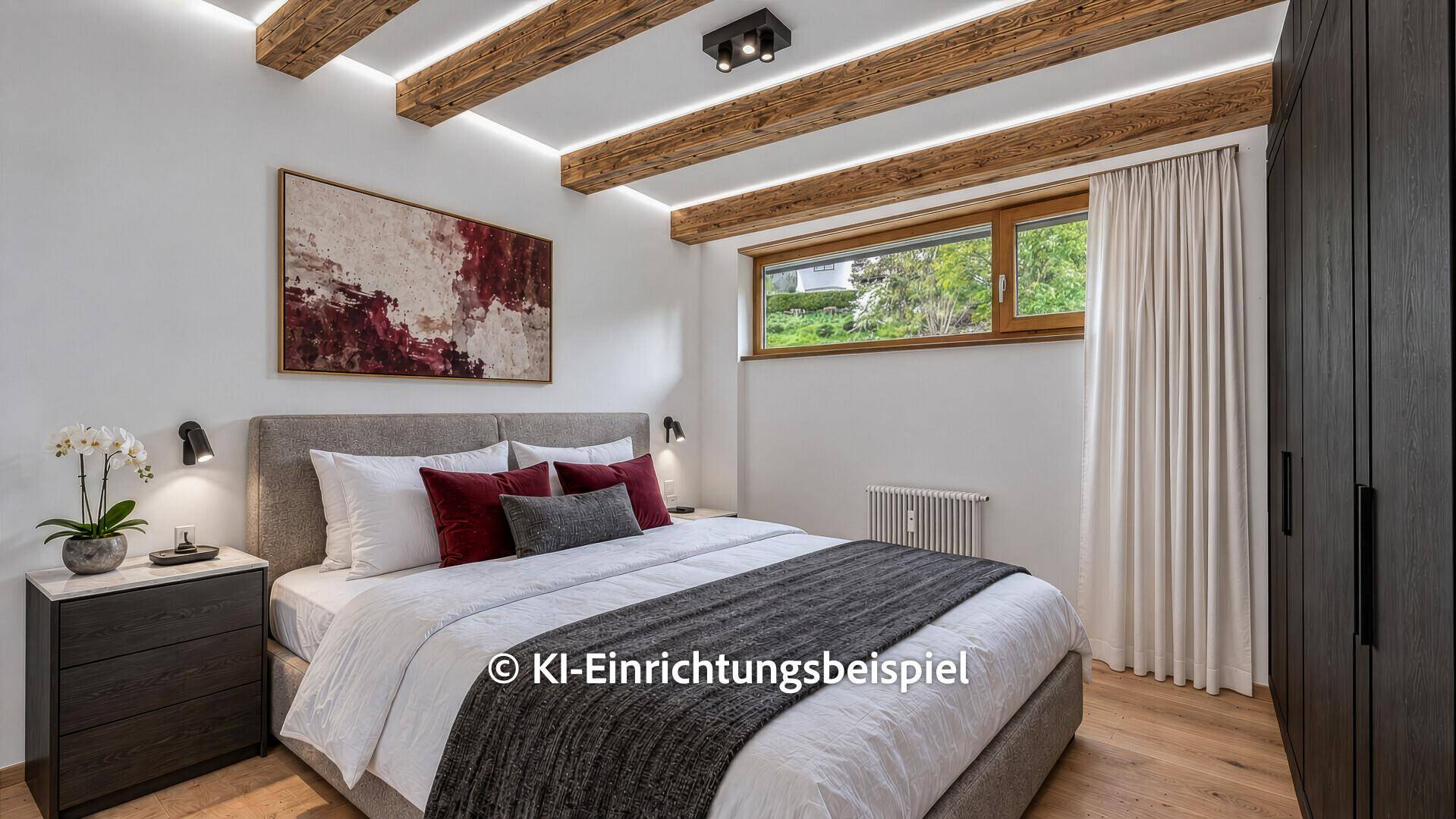 Modernes Schlafzimmer mit Doppelbett, Holzbalken und dunklem Kleiderschrank.