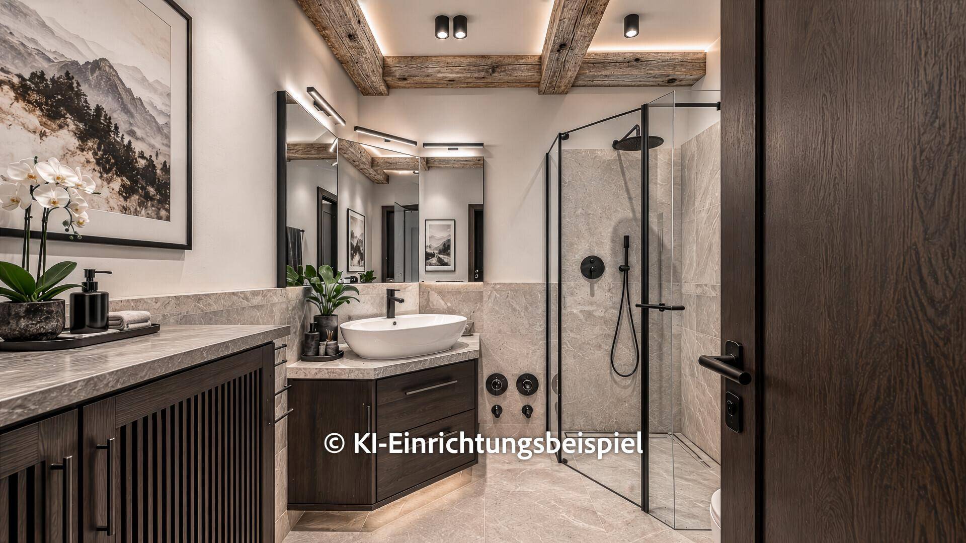 Modernes Badezimmer mit begehbarer Dusche, dunklem Waschtisch und stilvoller Einrichtung.