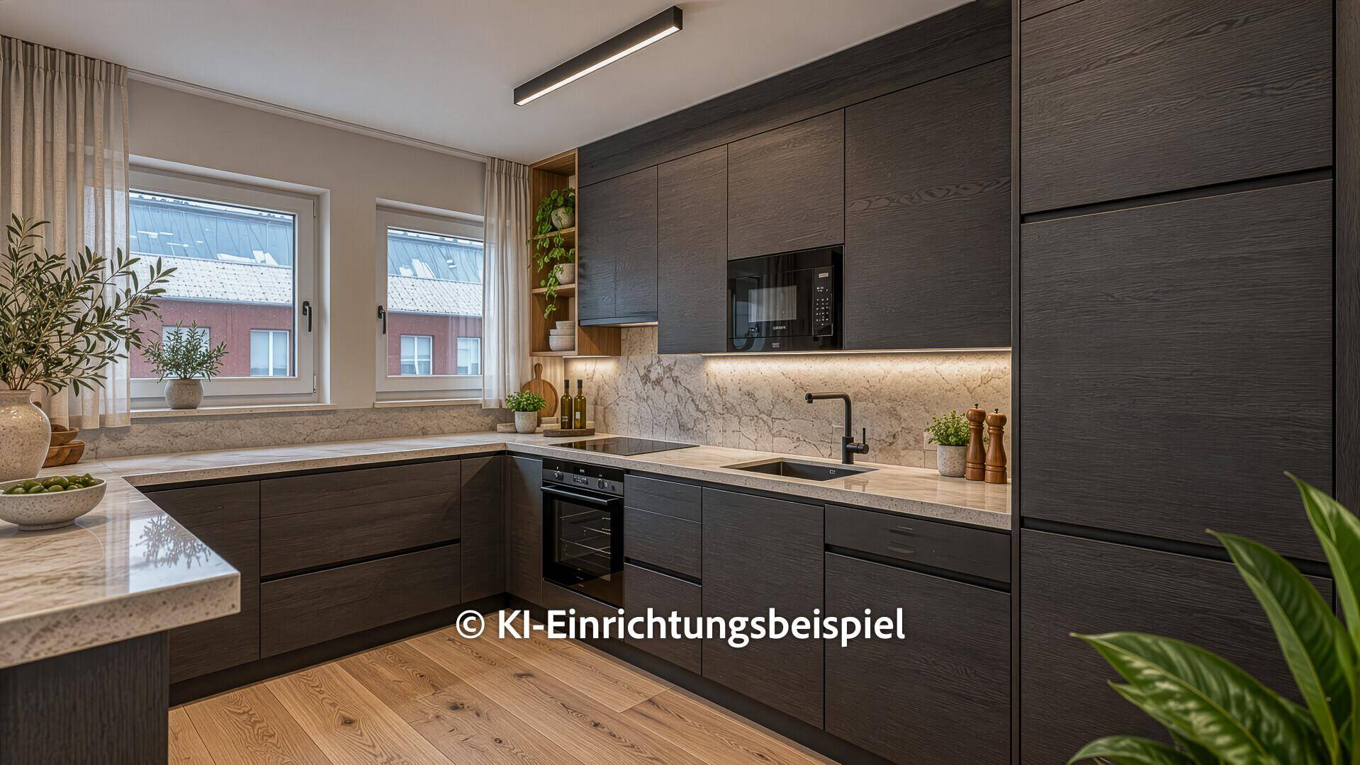 Moderne Küche mit dunklen Holzfronten, Marmorarbeitsplatten und integrierten Geräten.
