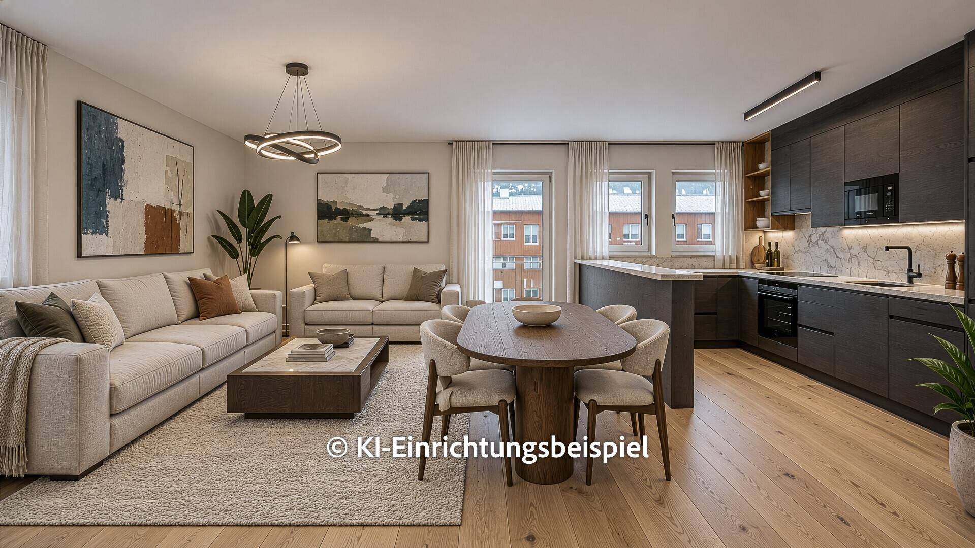 Geräumiger offener Wohn-Essbereich mit moderner Küche und Holzboden.